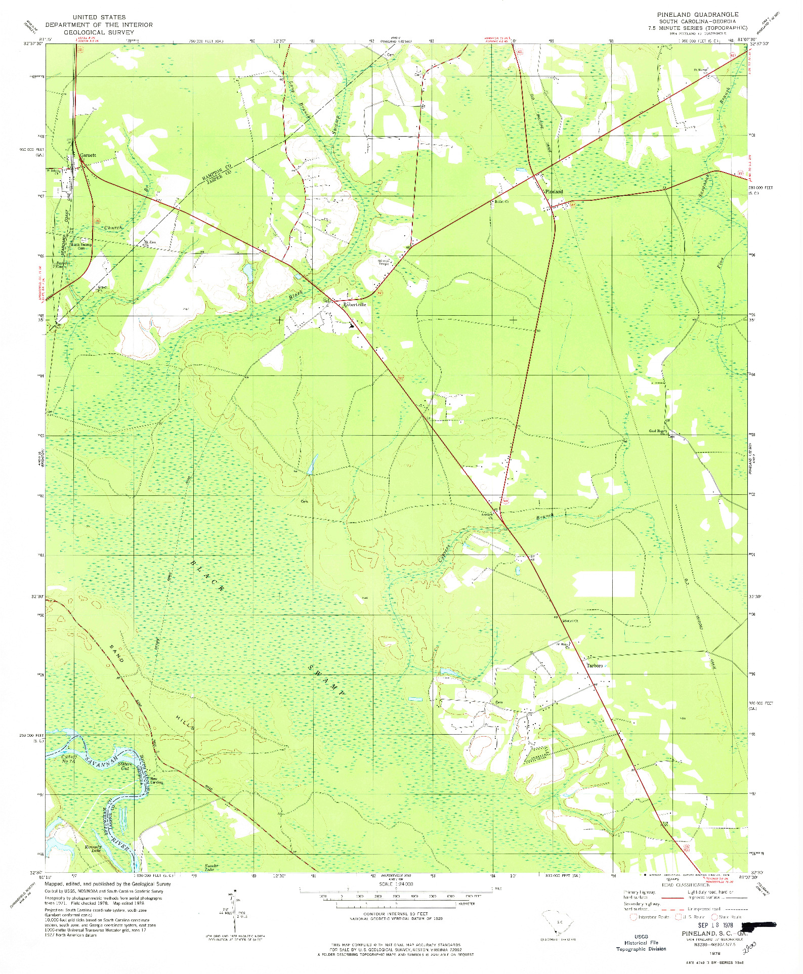 USGS 1:24000-SCALE QUADRANGLE FOR PINELAND, SC 1978