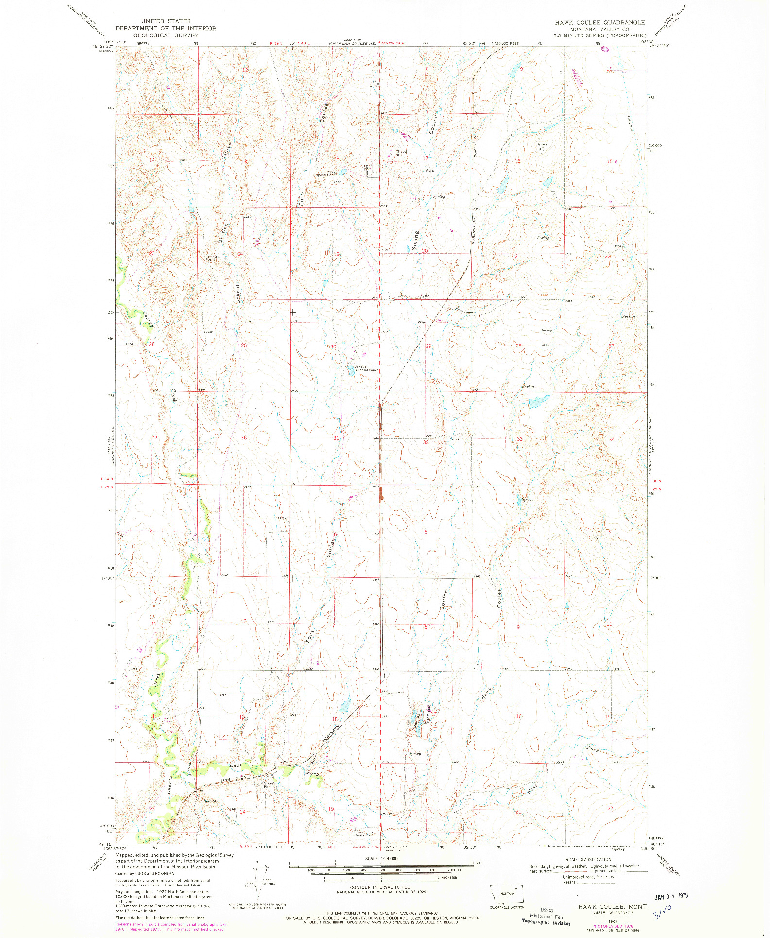 USGS 1:24000-SCALE QUADRANGLE FOR HAWK COULEE, MT 1969