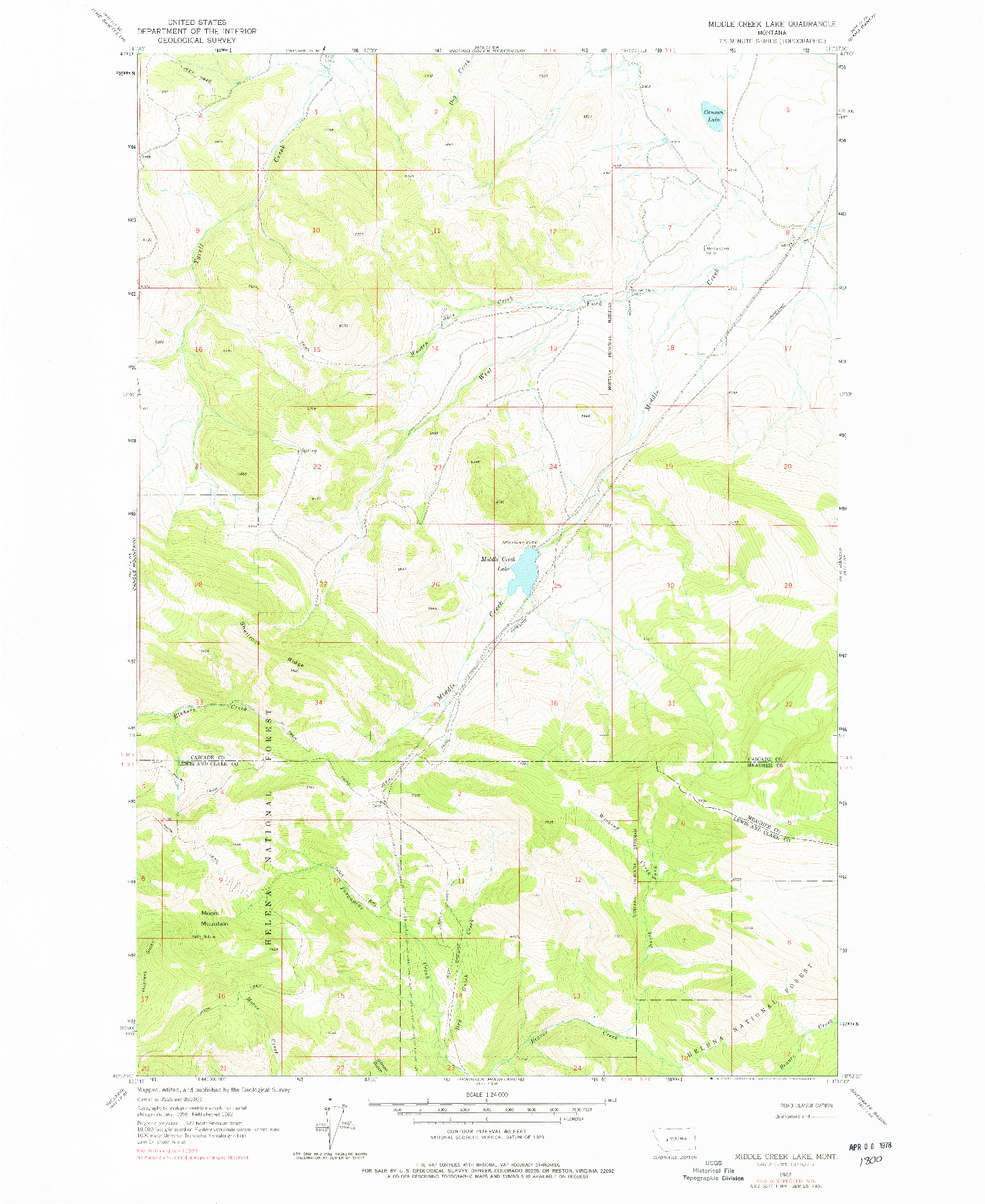 USGS 1:24000-SCALE QUADRANGLE FOR MIDDLE CREEK LAKE, MT 1962