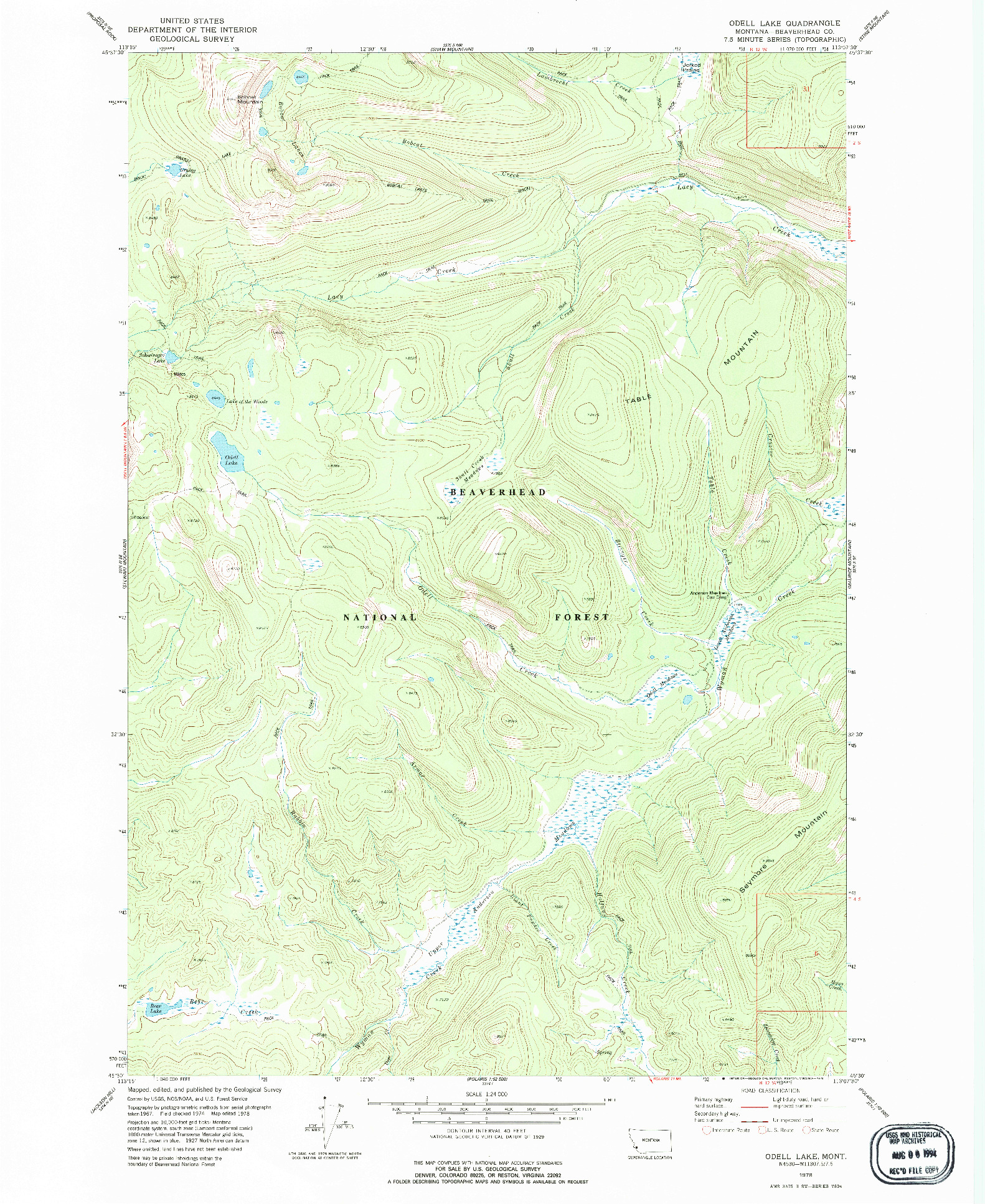 USGS 1:24000-SCALE QUADRANGLE FOR ODELL LAKE, MT 1978