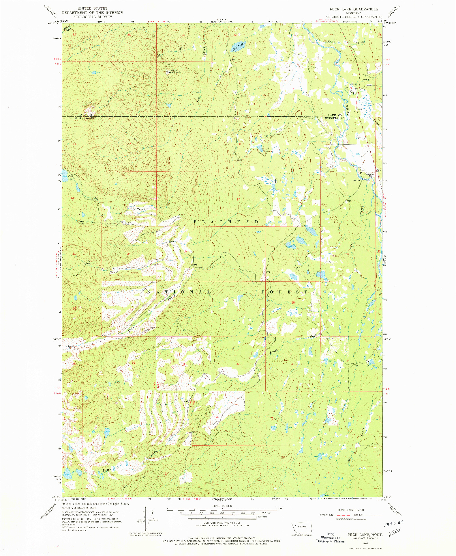 USGS 1:24000-SCALE QUADRANGLE FOR PECK LAKE, MT 1965