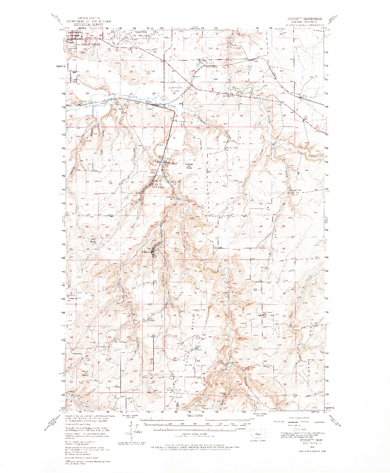 USGS 1:62500-SCALE QUADRANGLE FOR STOCKETT, MT 1955