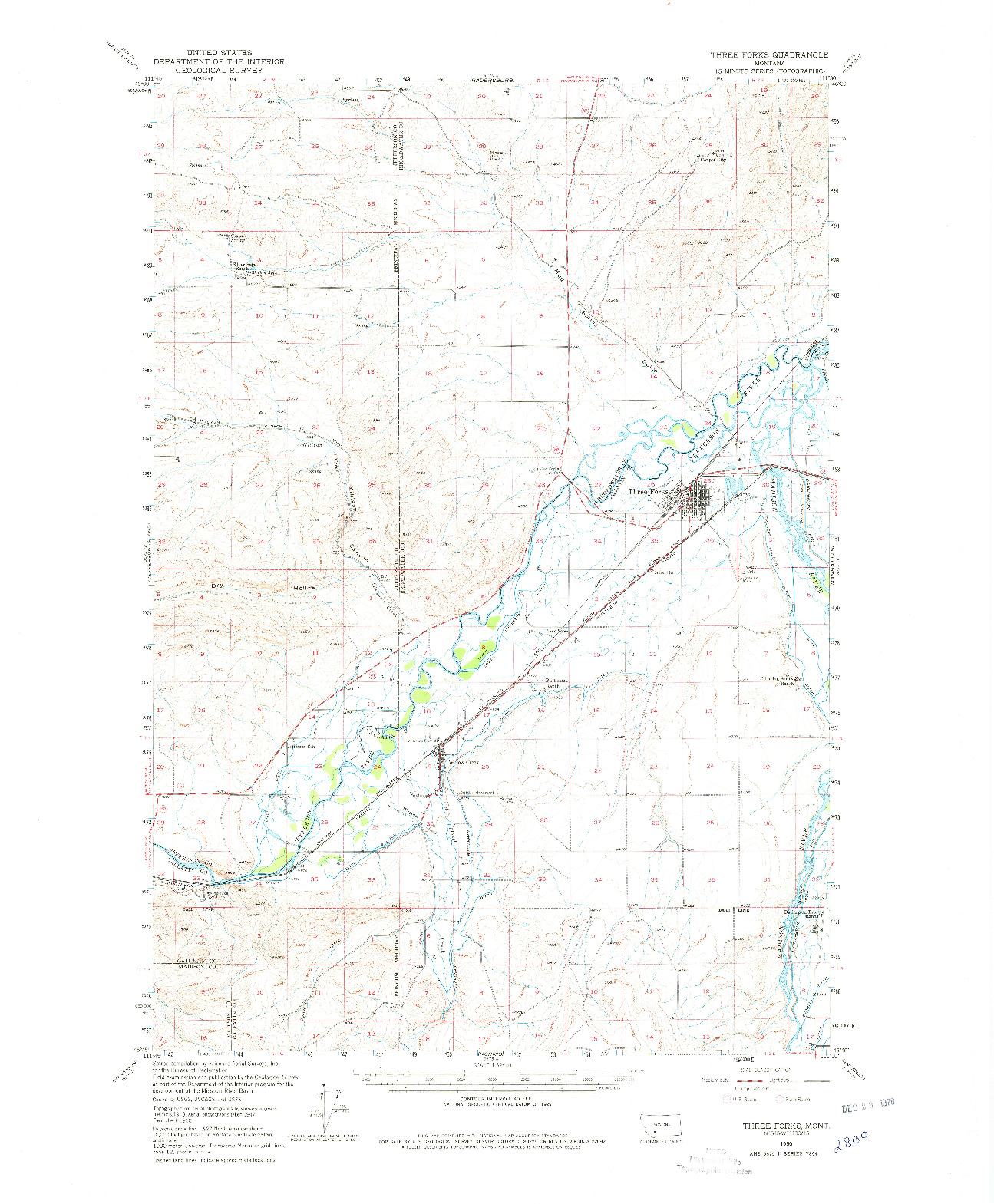 USGS 1:62500-SCALE QUADRANGLE FOR THREE FORKS, MT 1950