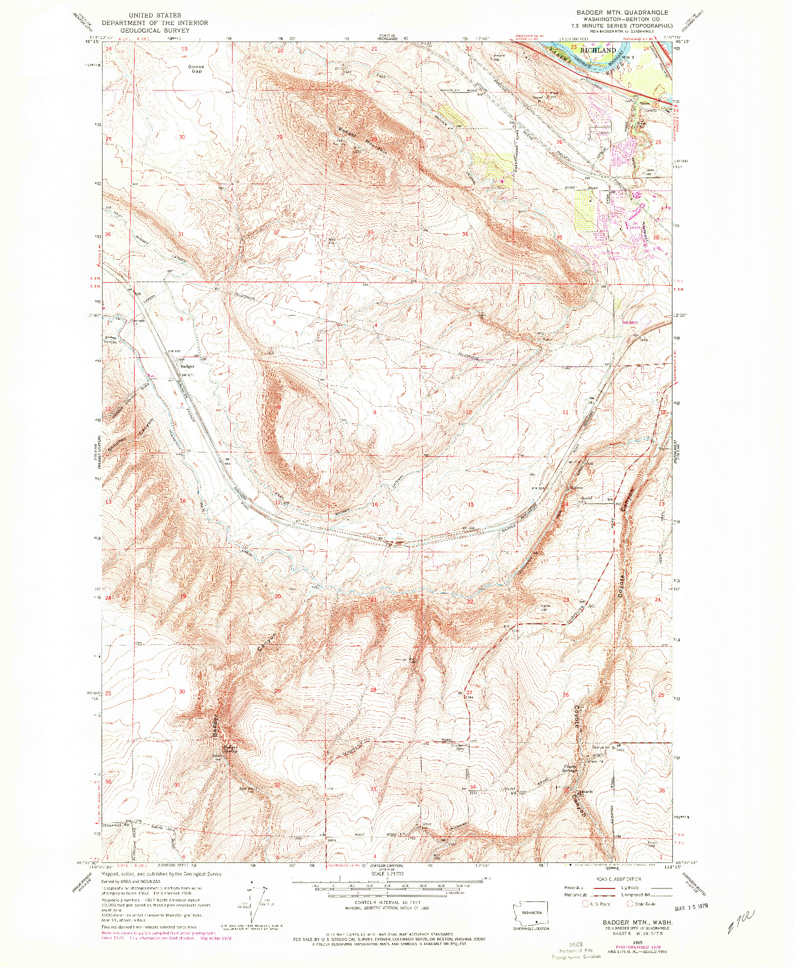 USGS 1:24000-SCALE QUADRANGLE FOR BADGER MTN, WA 1965