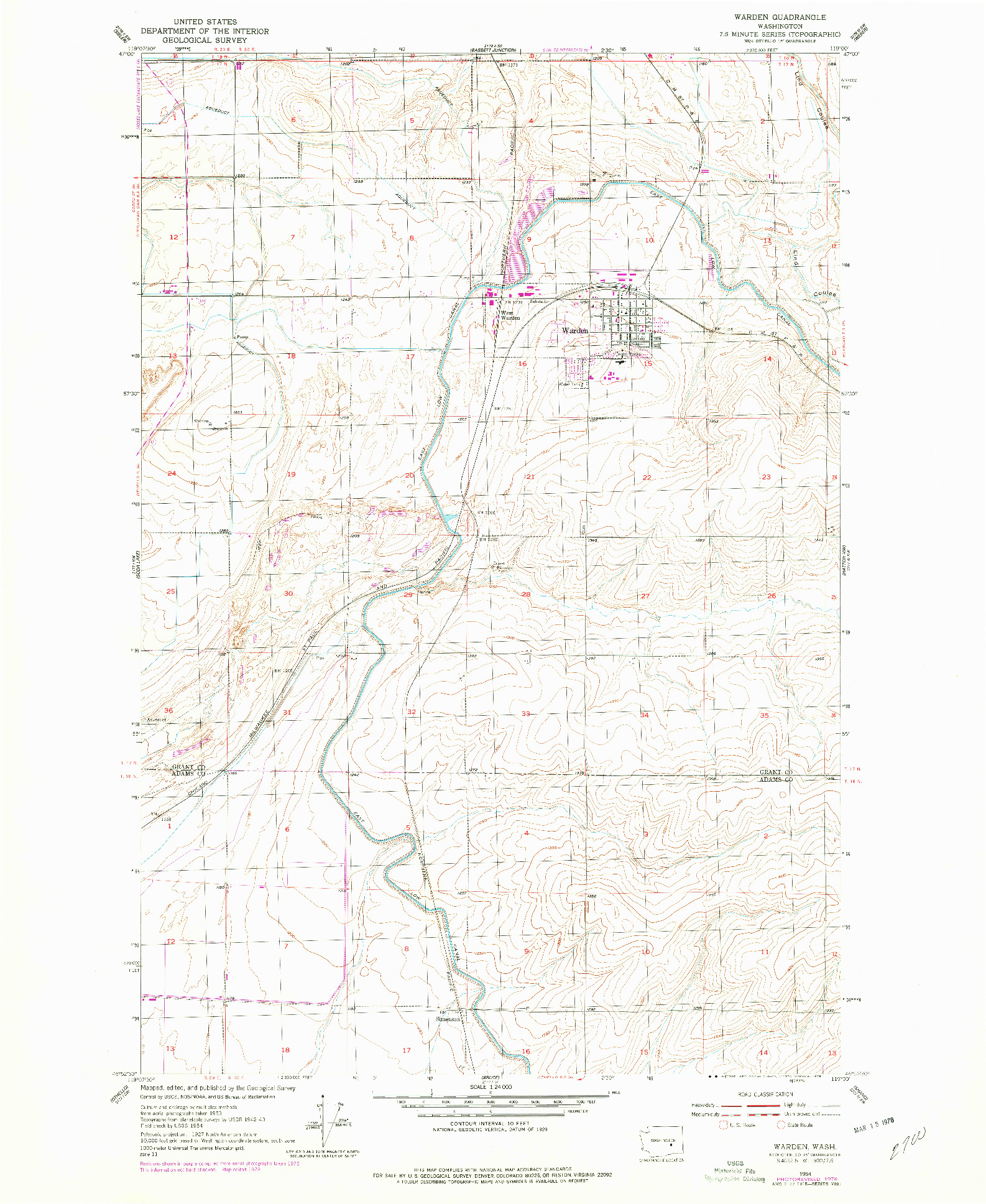 USGS 1:24000-SCALE QUADRANGLE FOR WARDEN, WA 1954