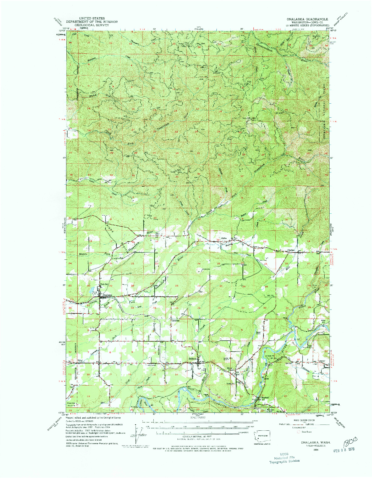 USGS 1:62500-SCALE QUADRANGLE FOR ONALASKA, WA 1954