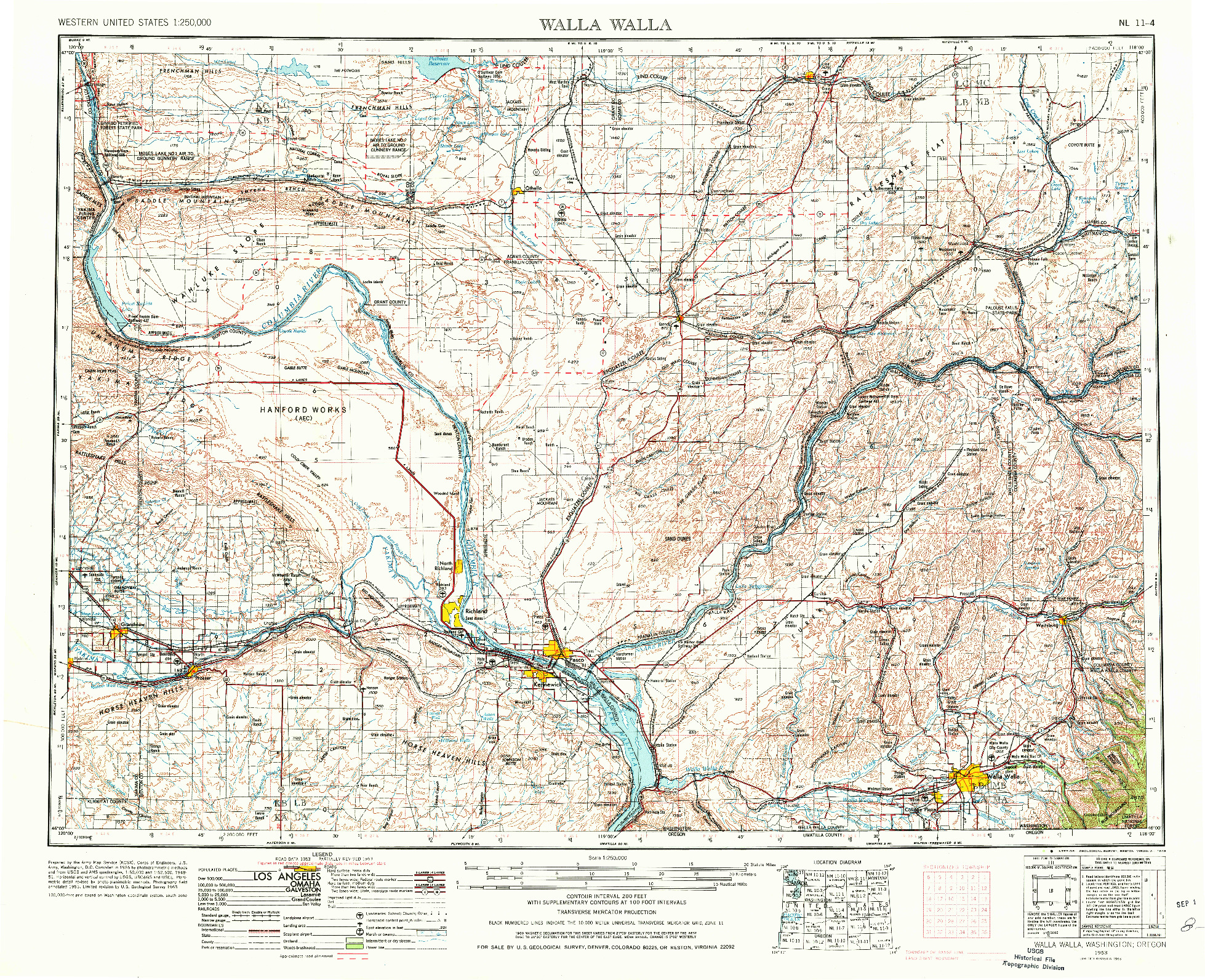 USGS 1:250000-SCALE QUADRANGLE FOR WALLA WALLA, WA 1953