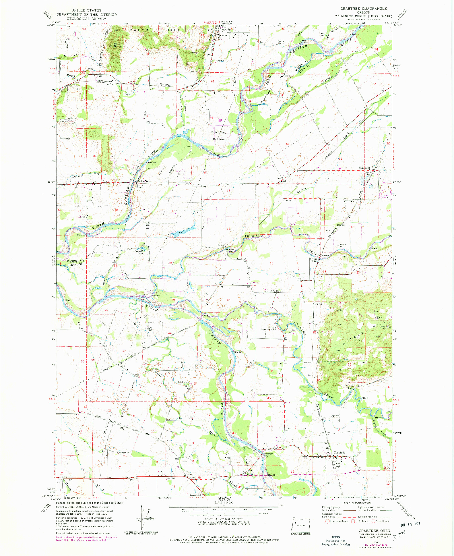 USGS 1:24000-SCALE QUADRANGLE FOR CRABTREE, OR 1970
