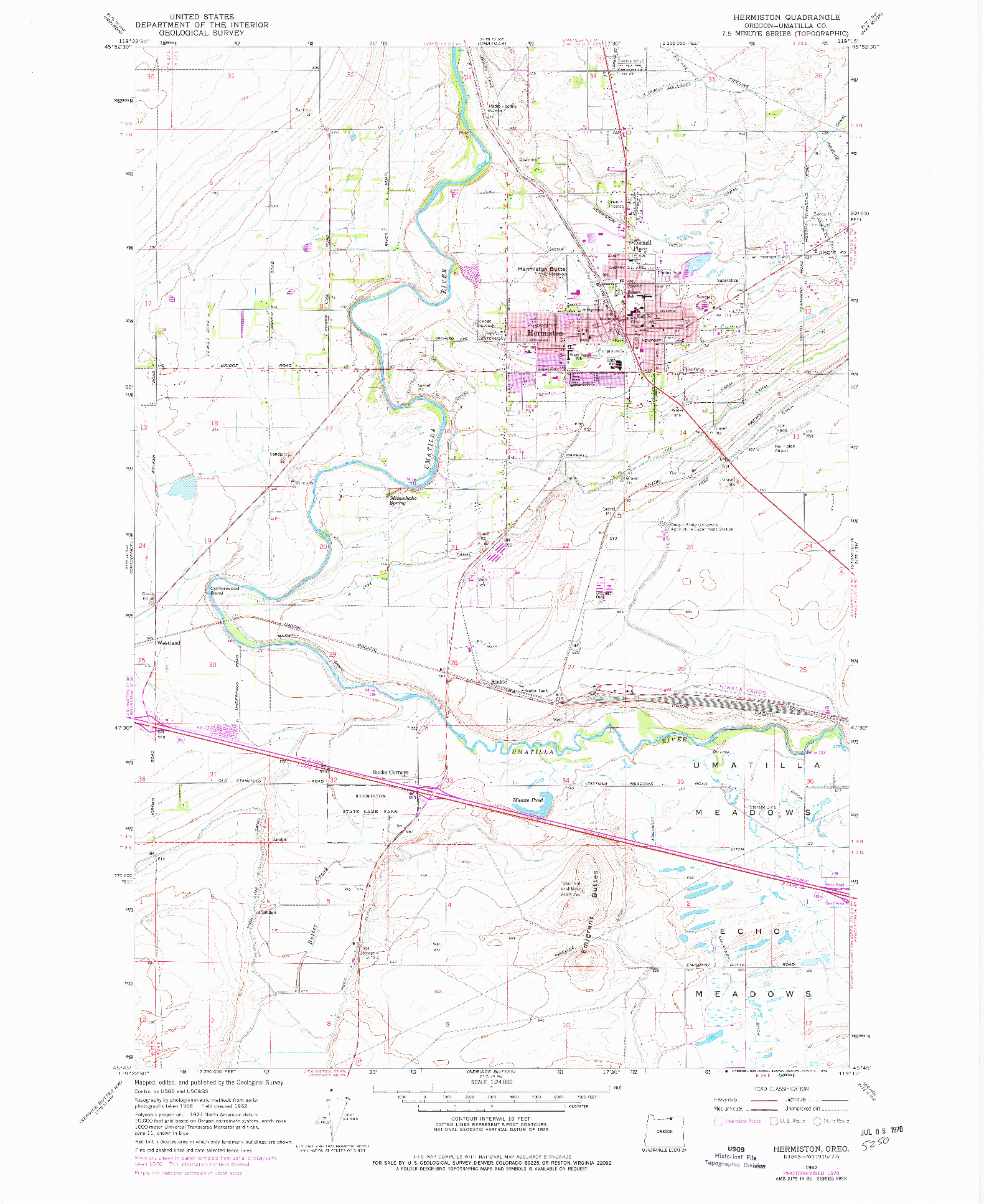 USGS 1:24000-SCALE QUADRANGLE FOR HERMISTON, OR 1962