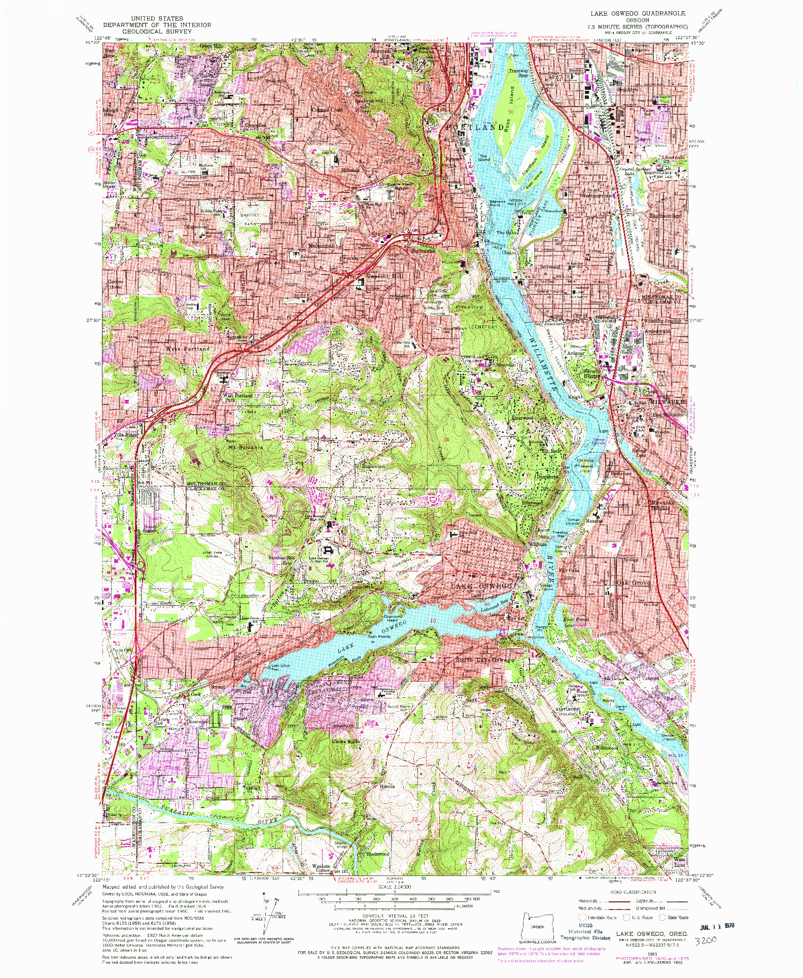 USGS 1:24000-SCALE QUADRANGLE FOR LAKE OSWEGO, OR 1961