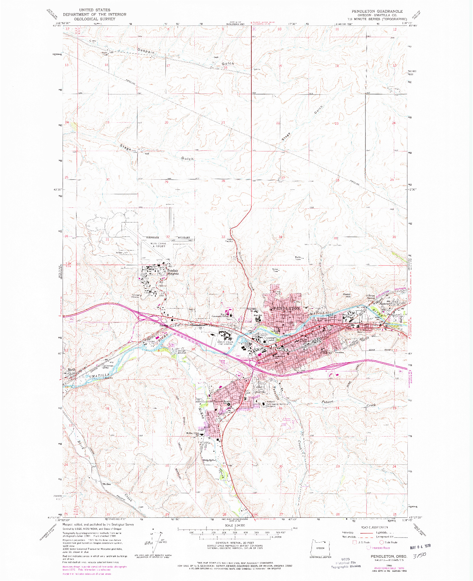 USGS 1:24000-SCALE QUADRANGLE FOR PENDLETON, OR 1966