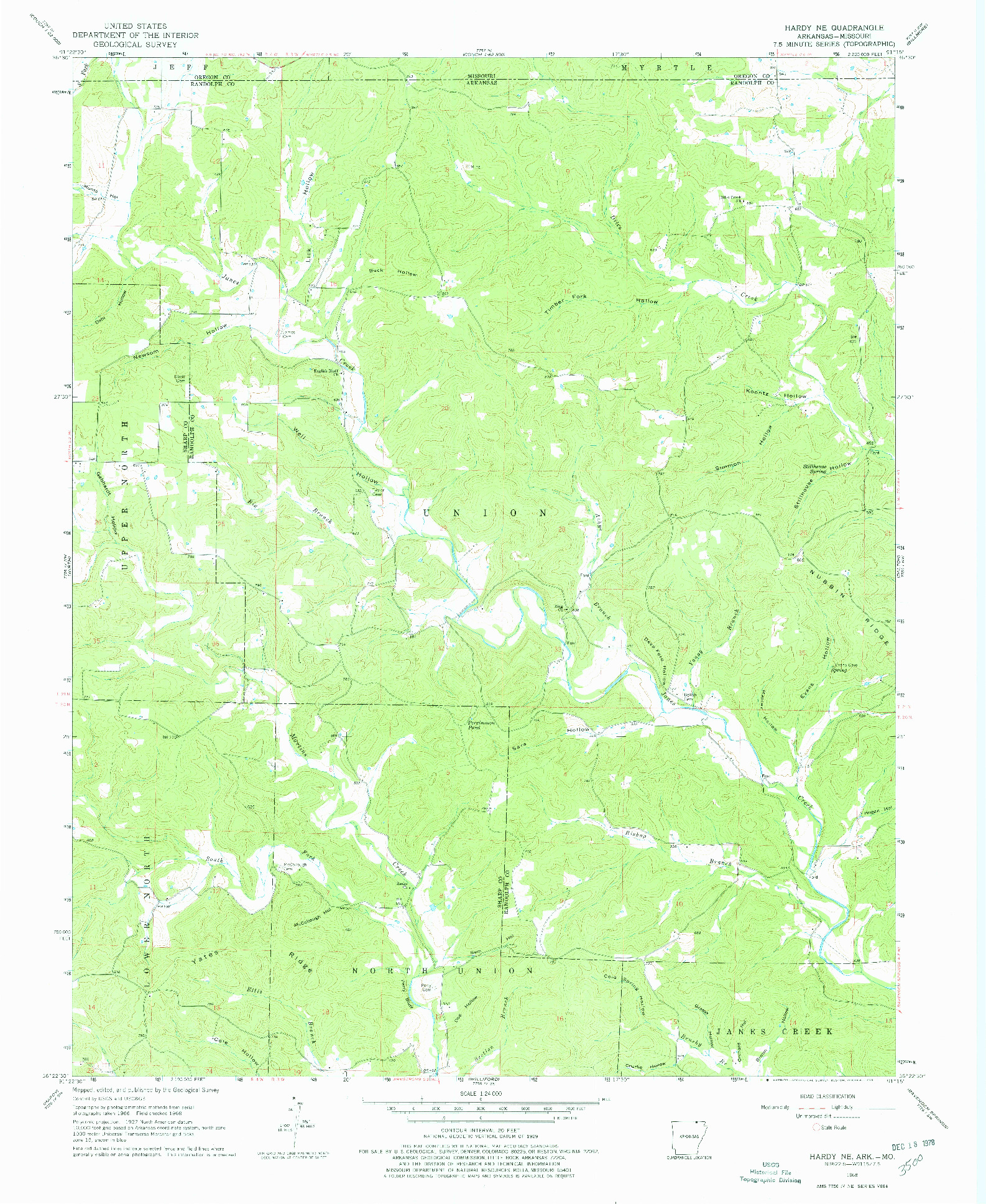 USGS 1:24000-SCALE QUADRANGLE FOR HARDY NE, AR 1968