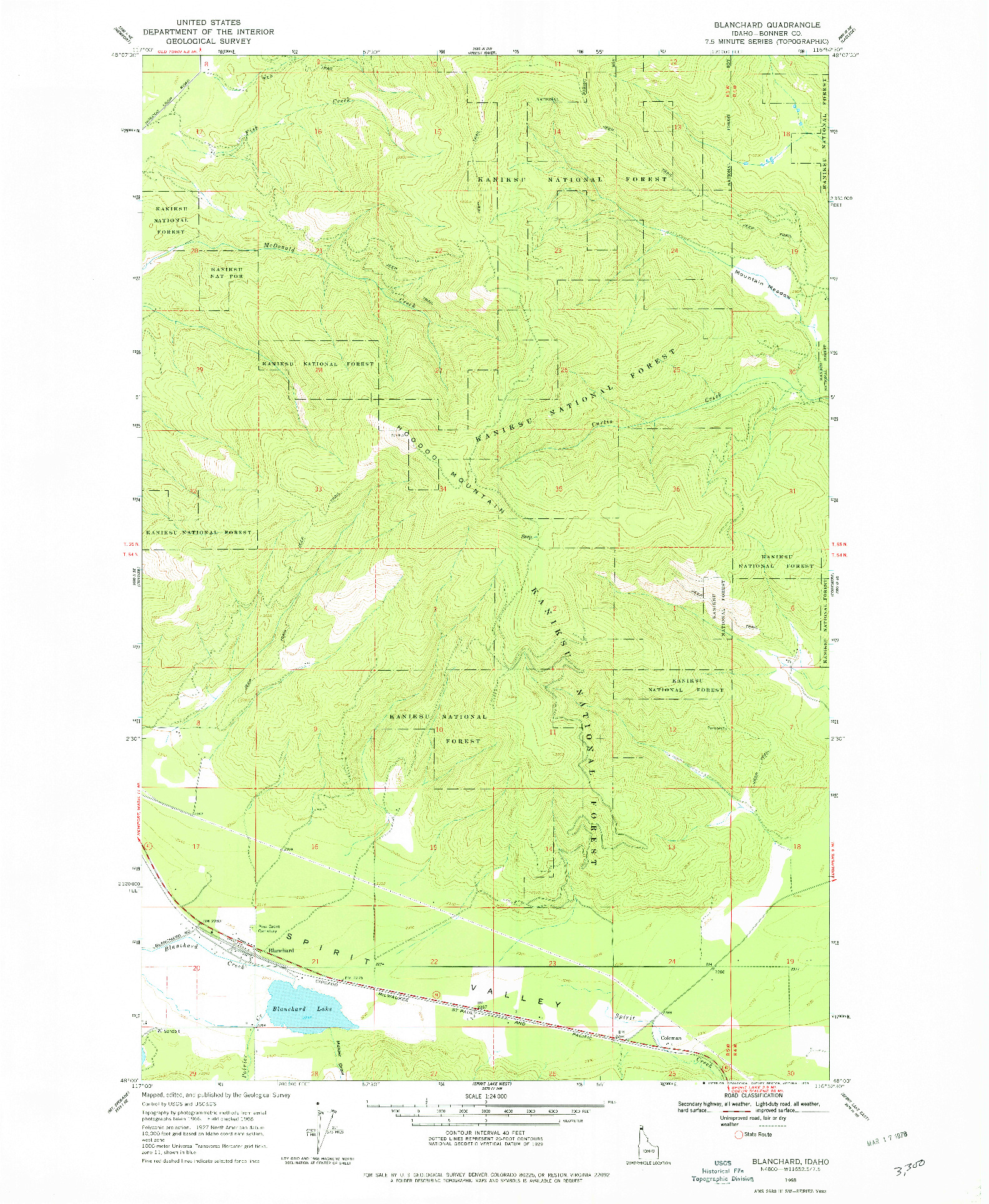 USGS 1:24000-SCALE QUADRANGLE FOR BLANCHARD, ID 1968