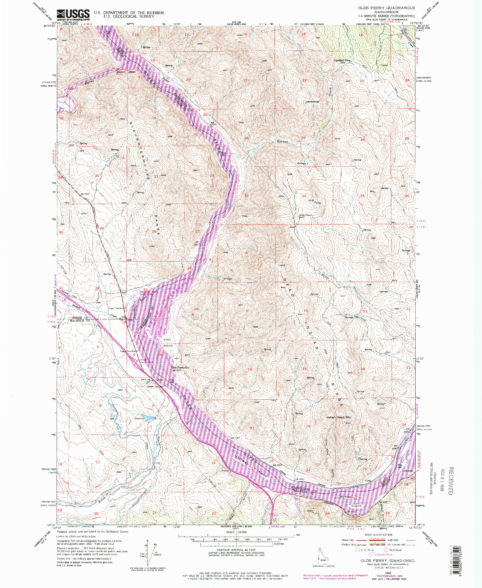 USGS 1:24000-SCALE QUADRANGLE FOR OLDS FERRY, ID 1952