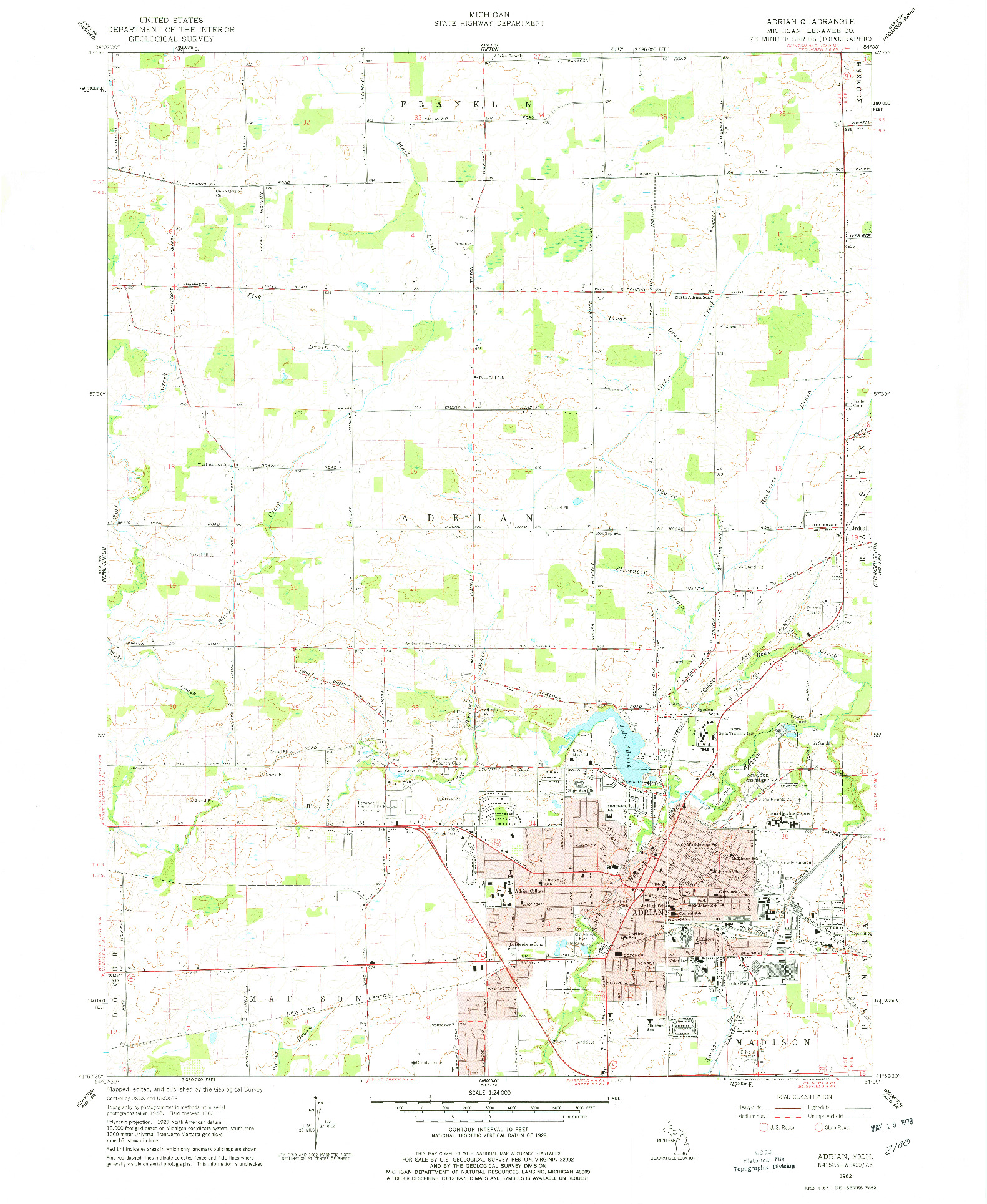 USGS 1:24000-SCALE QUADRANGLE FOR ADRIAN, MI 1962