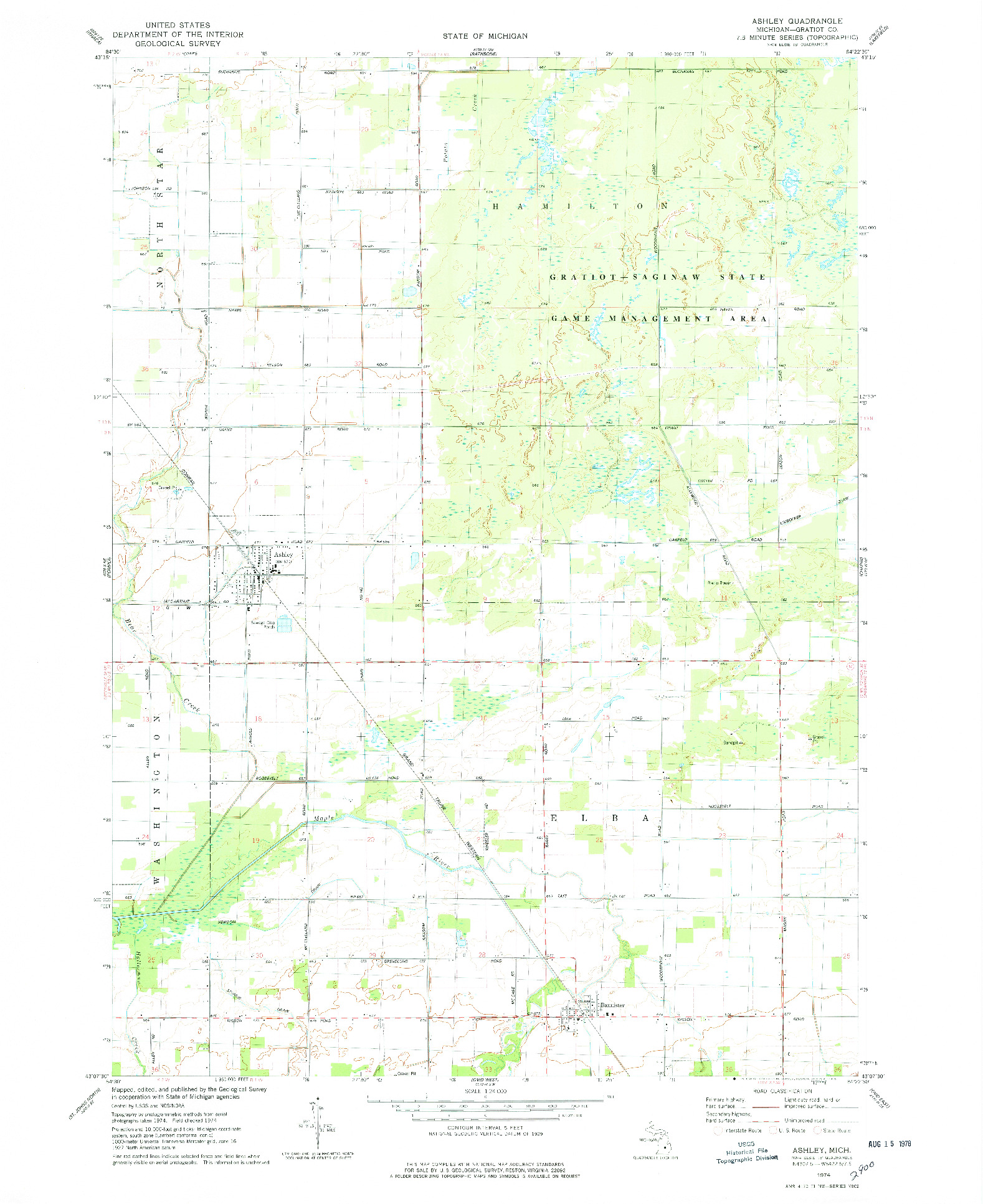 USGS 1:24000-SCALE QUADRANGLE FOR ASHLEY, MI 1974