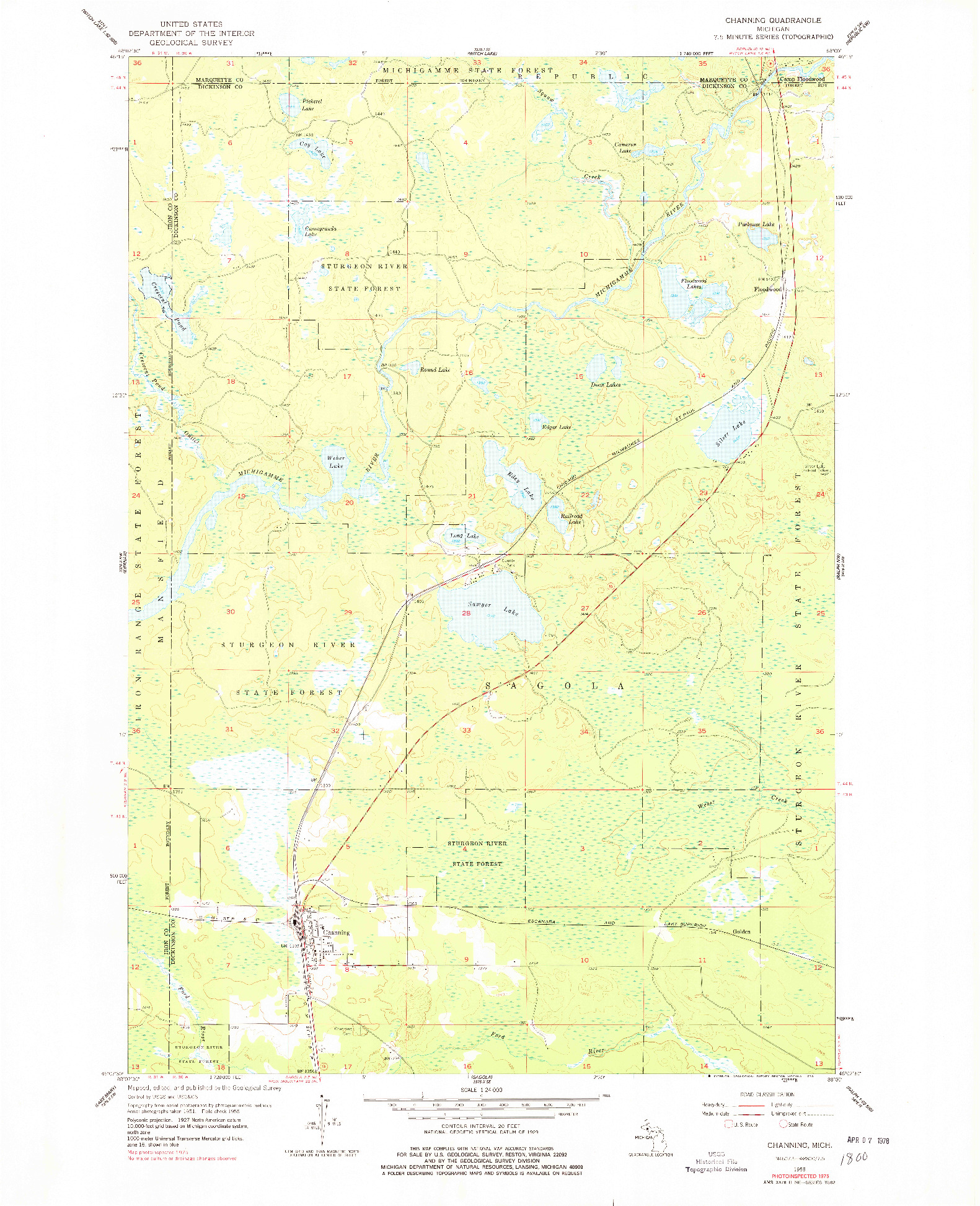 USGS 1:24000-SCALE QUADRANGLE FOR CHANNING, MI 1955