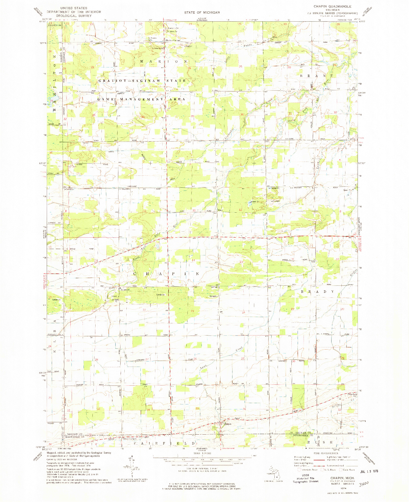 USGS 1:24000-SCALE QUADRANGLE FOR CHAPIN, MI 1974
