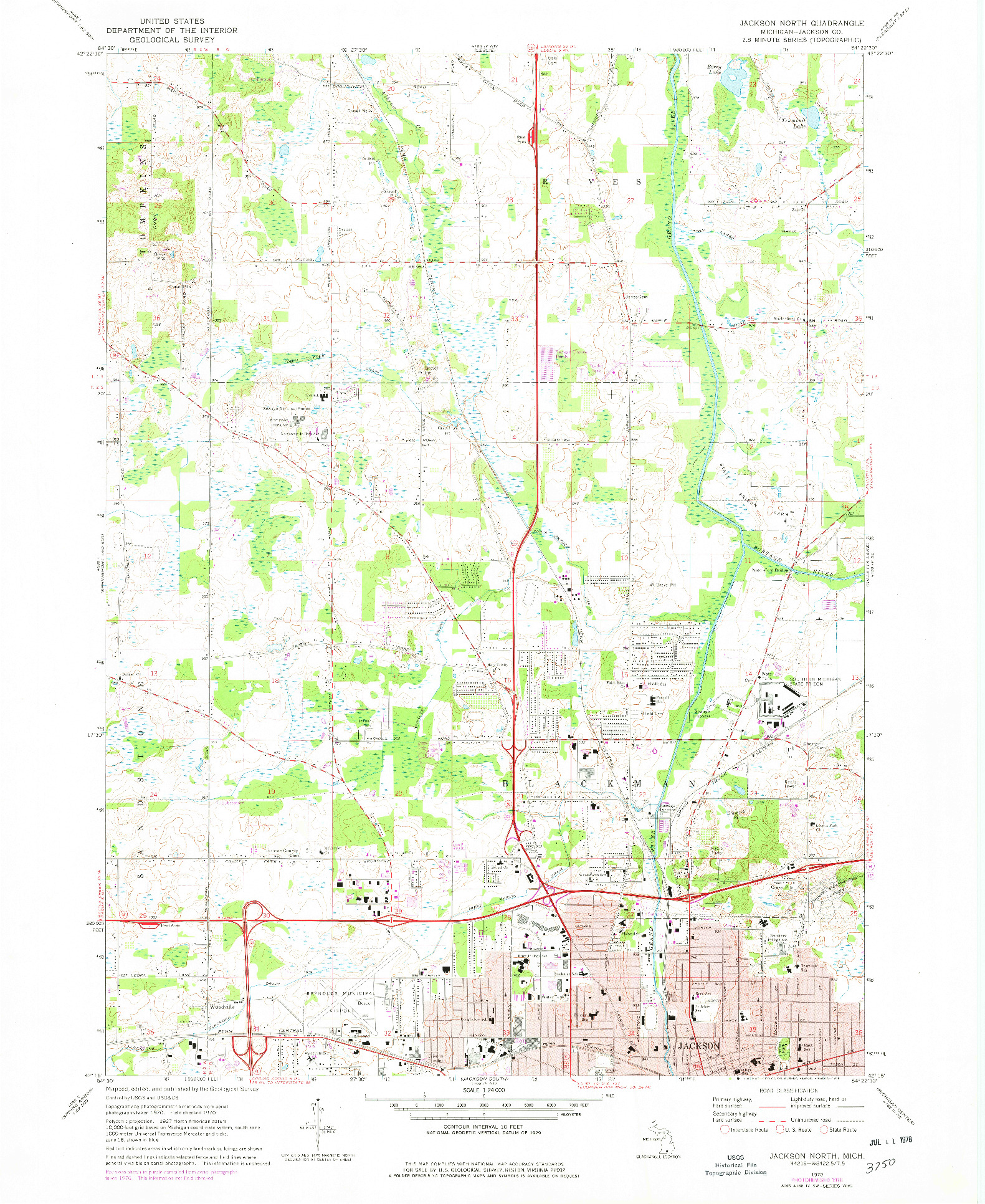 USGS 1:24000-SCALE QUADRANGLE FOR JACKSON NORTH, MI 1970