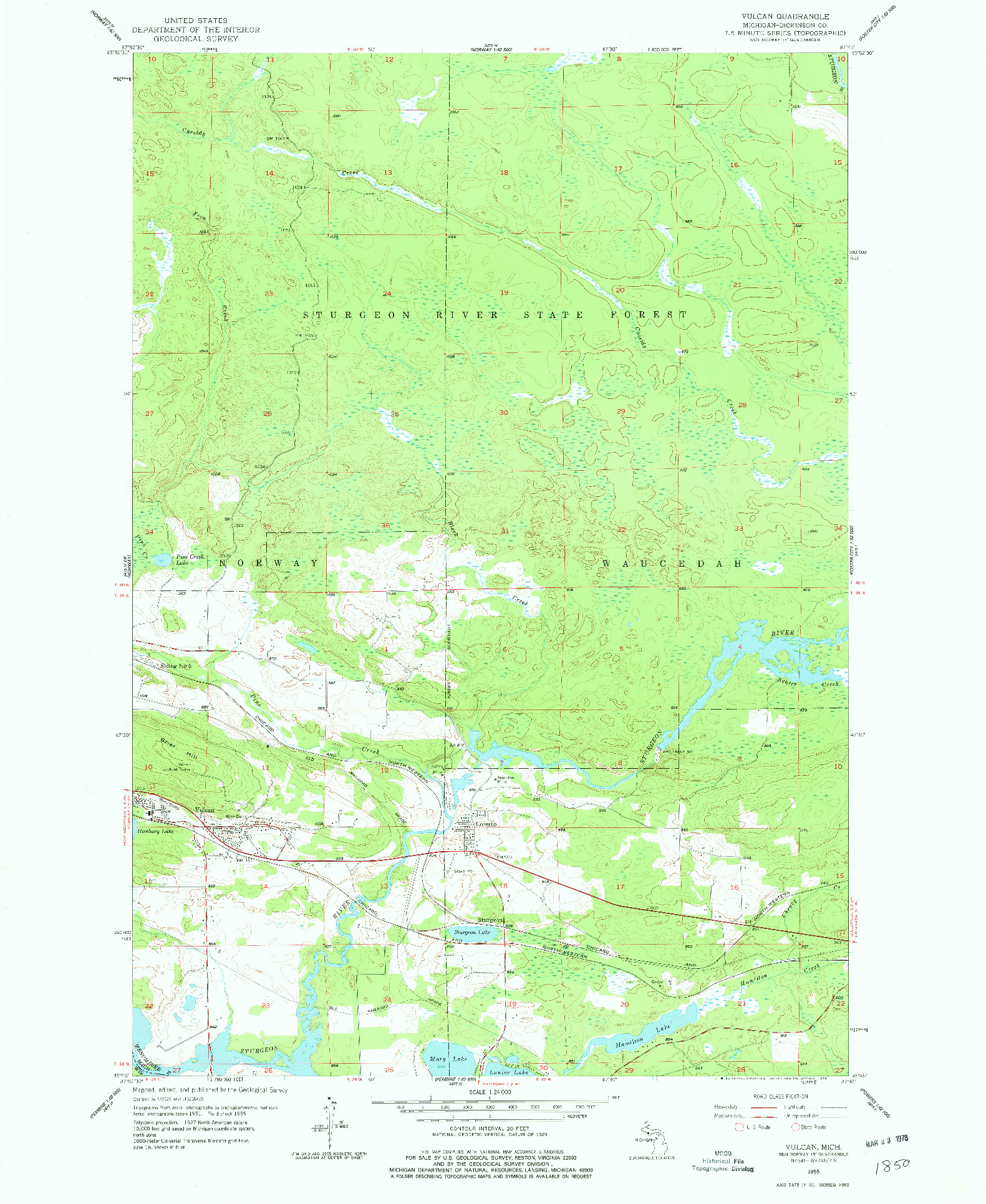 USGS 1:24000-SCALE QUADRANGLE FOR VULCAN, MI 1955