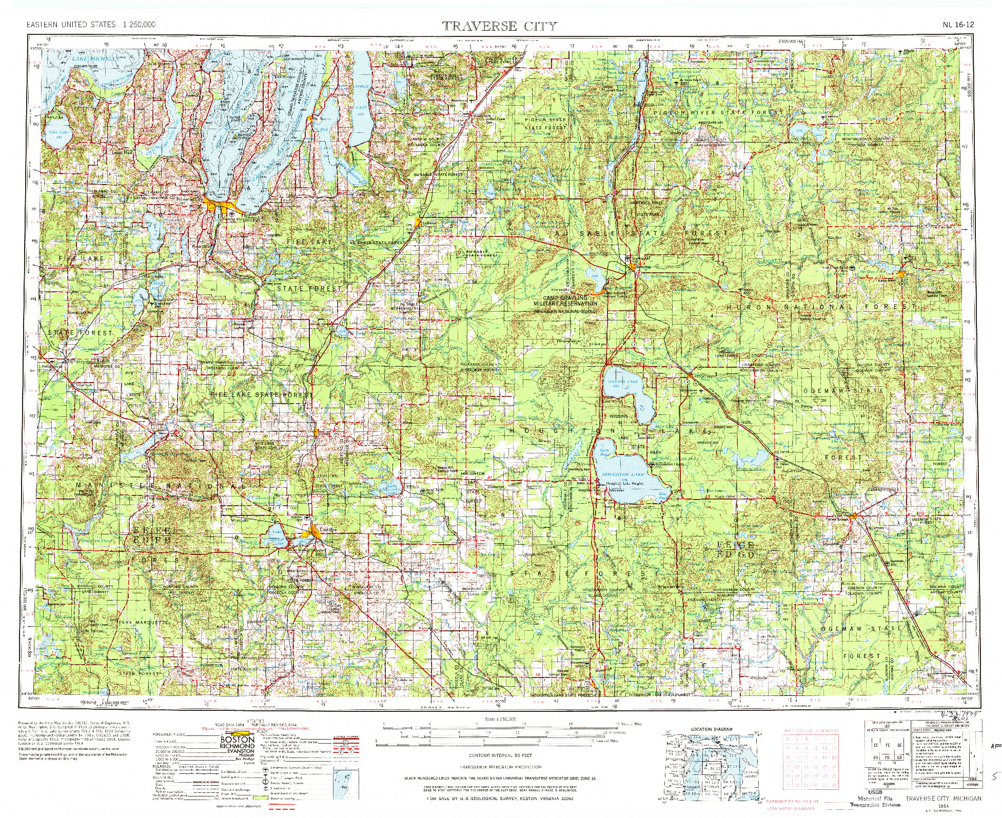 USGS 1:250000-SCALE QUADRANGLE FOR TRAVERSE CITY, MI 1954