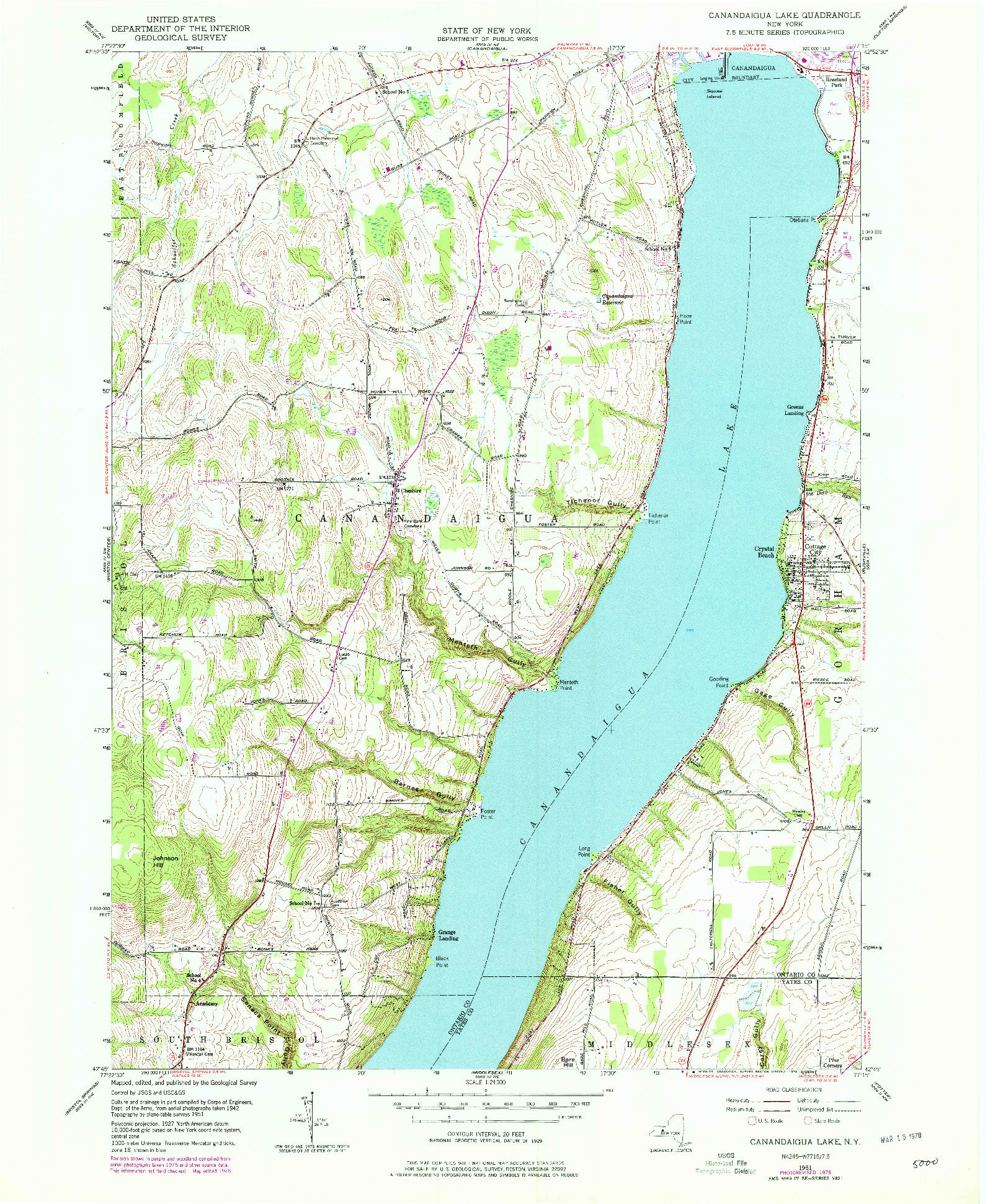 USGS 1:24000-SCALE QUADRANGLE FOR CANANDAIGUA LAKE, NY 1951