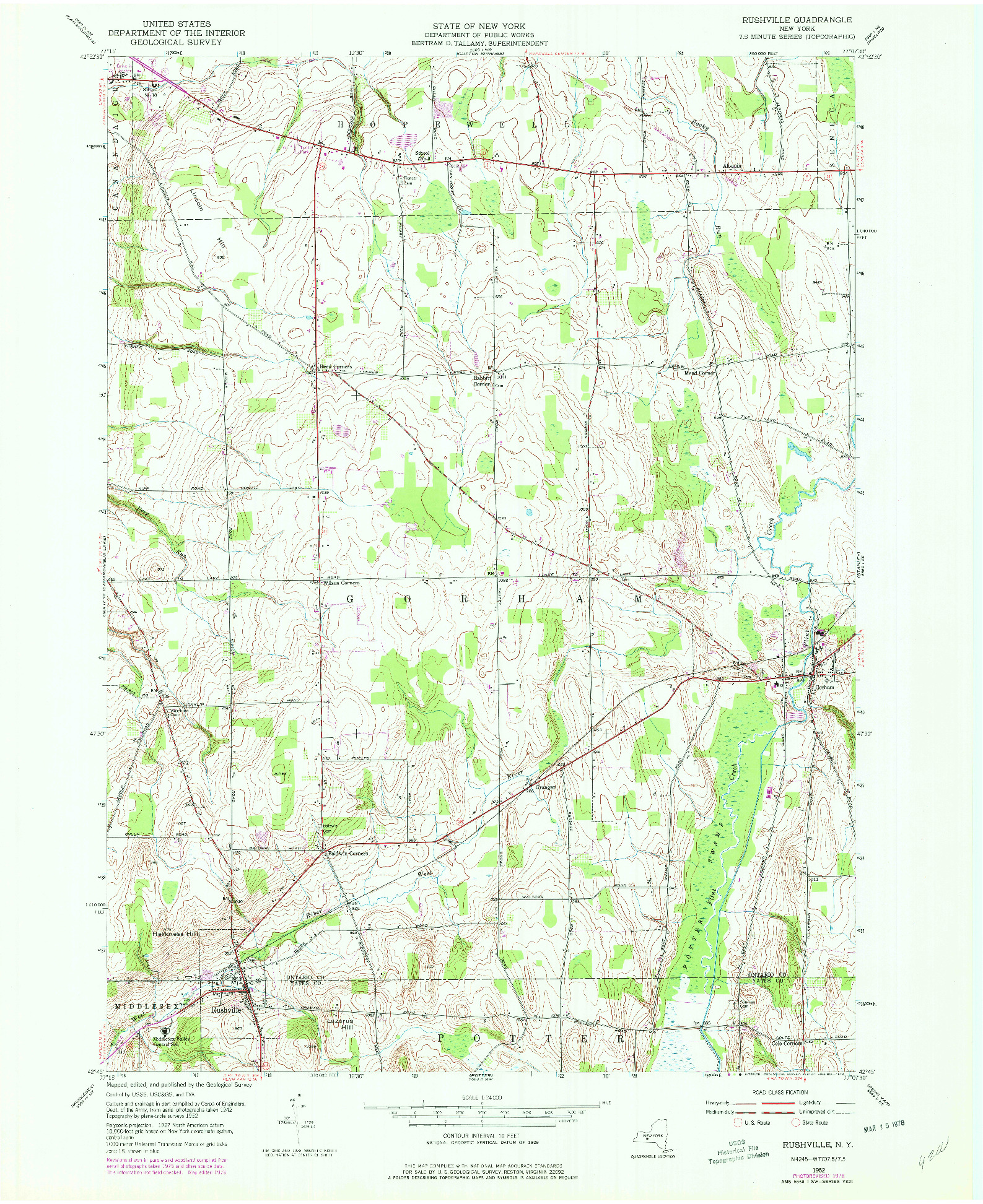 USGS 1:24000-SCALE QUADRANGLE FOR RUSHVILLE, NY 1952
