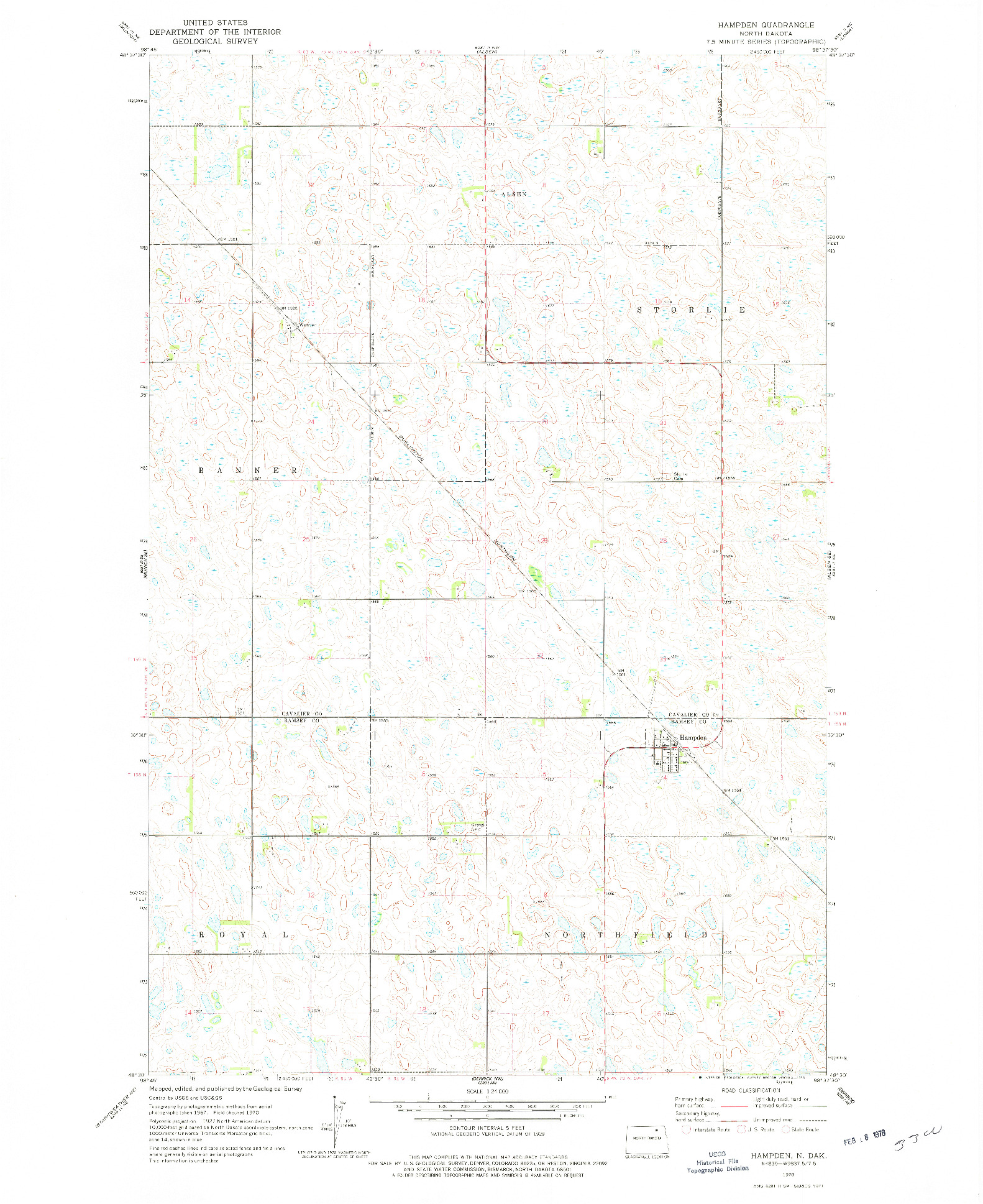 USGS 1:24000-SCALE QUADRANGLE FOR HAMPDEN, ND 1970