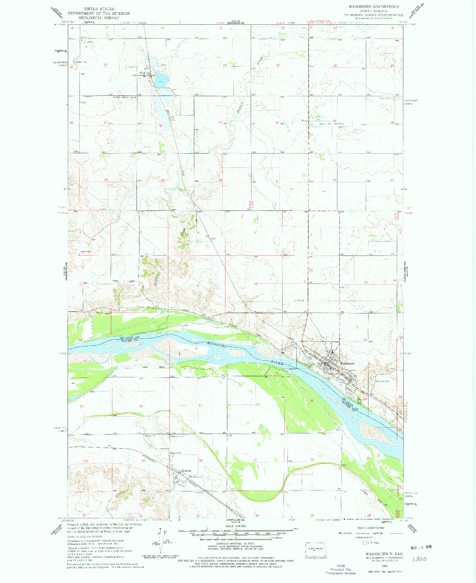 USGS 1:24000-SCALE QUADRANGLE FOR WASHBURN, ND 1961