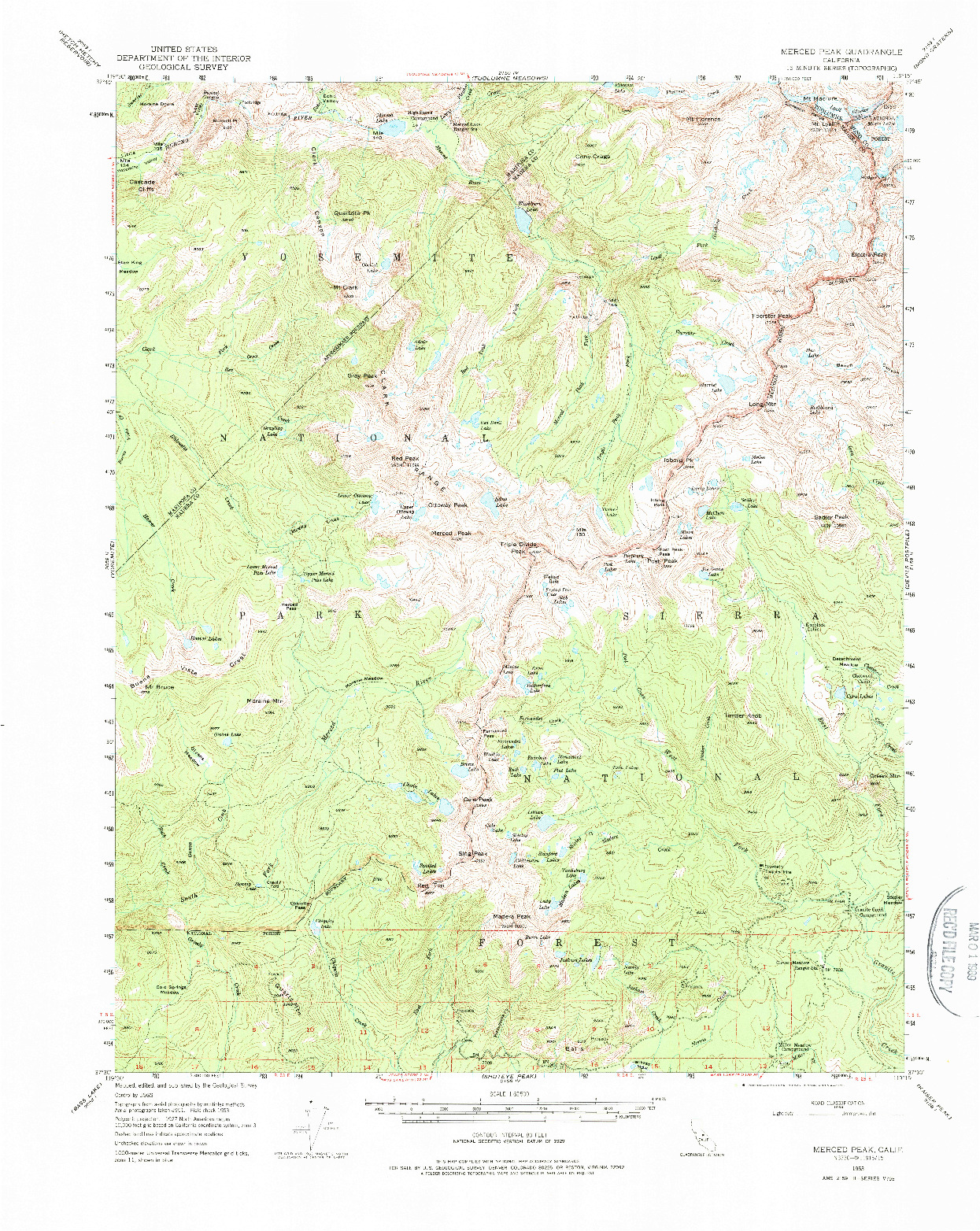 USGS 1:62500-SCALE QUADRANGLE FOR MERCED PEAK, CA 1953