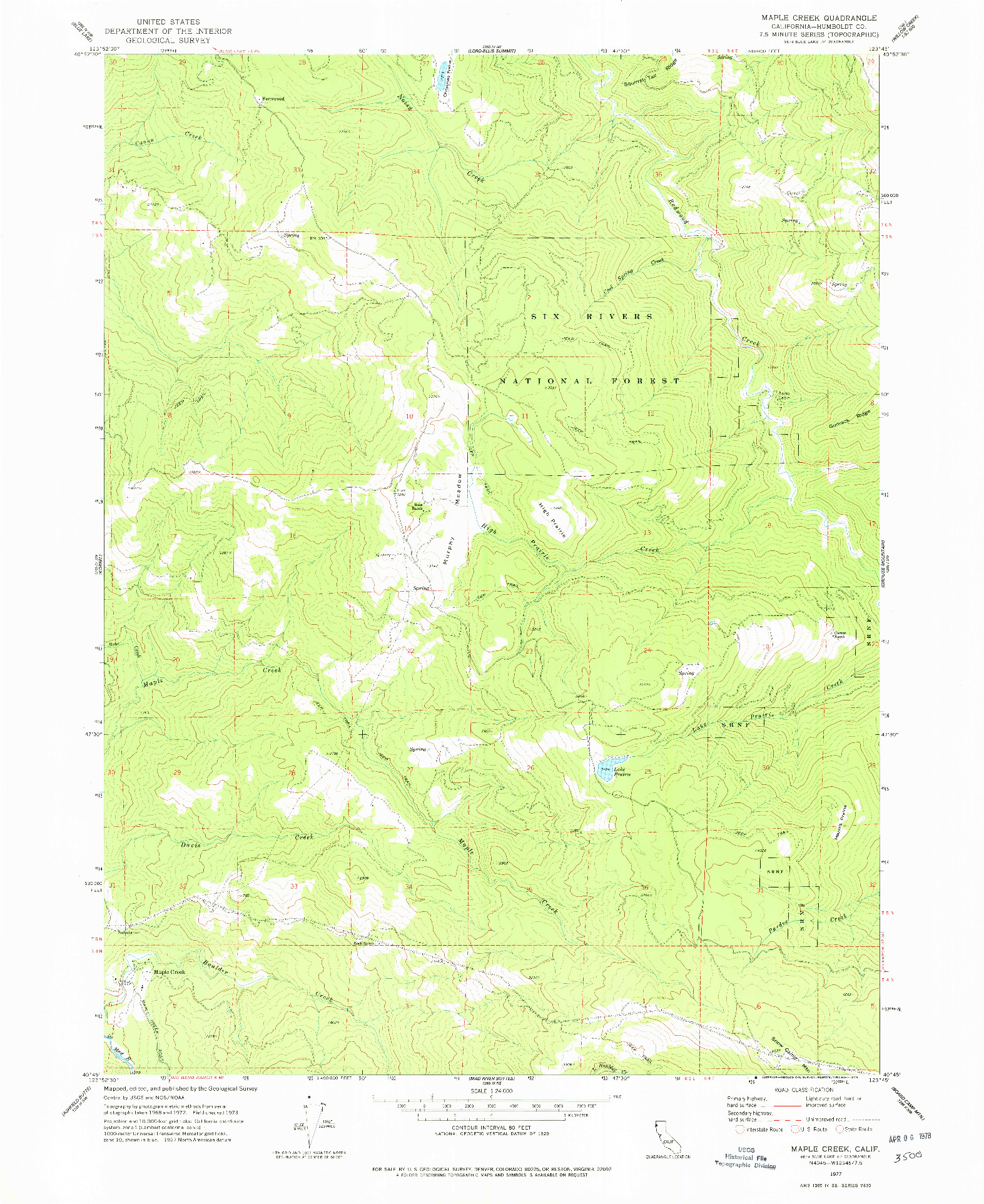 USGS 1:24000-SCALE QUADRANGLE FOR MAPLE CREEK, CA 1977