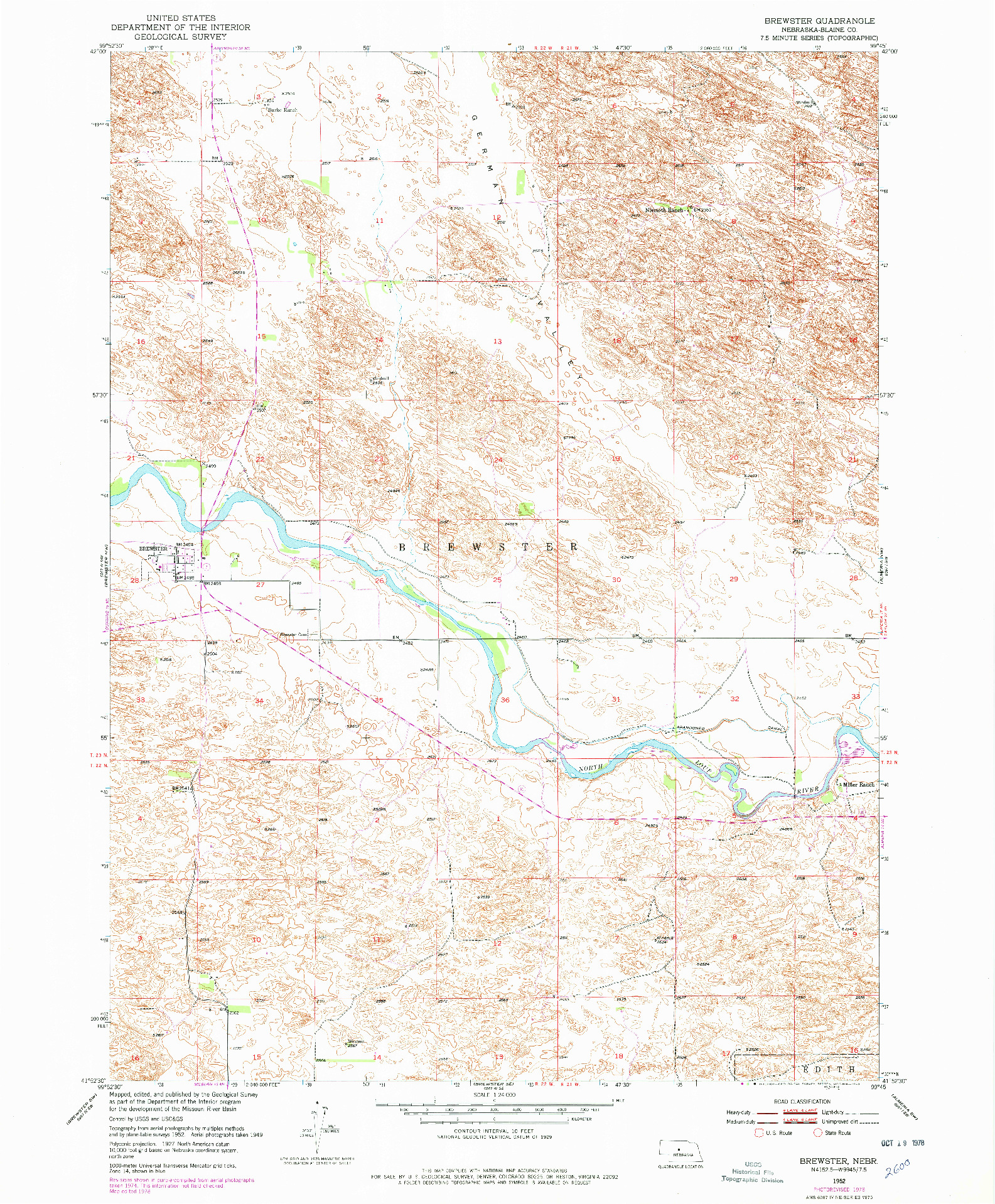 USGS 1:24000-SCALE QUADRANGLE FOR BREWSTER, NE 1952
