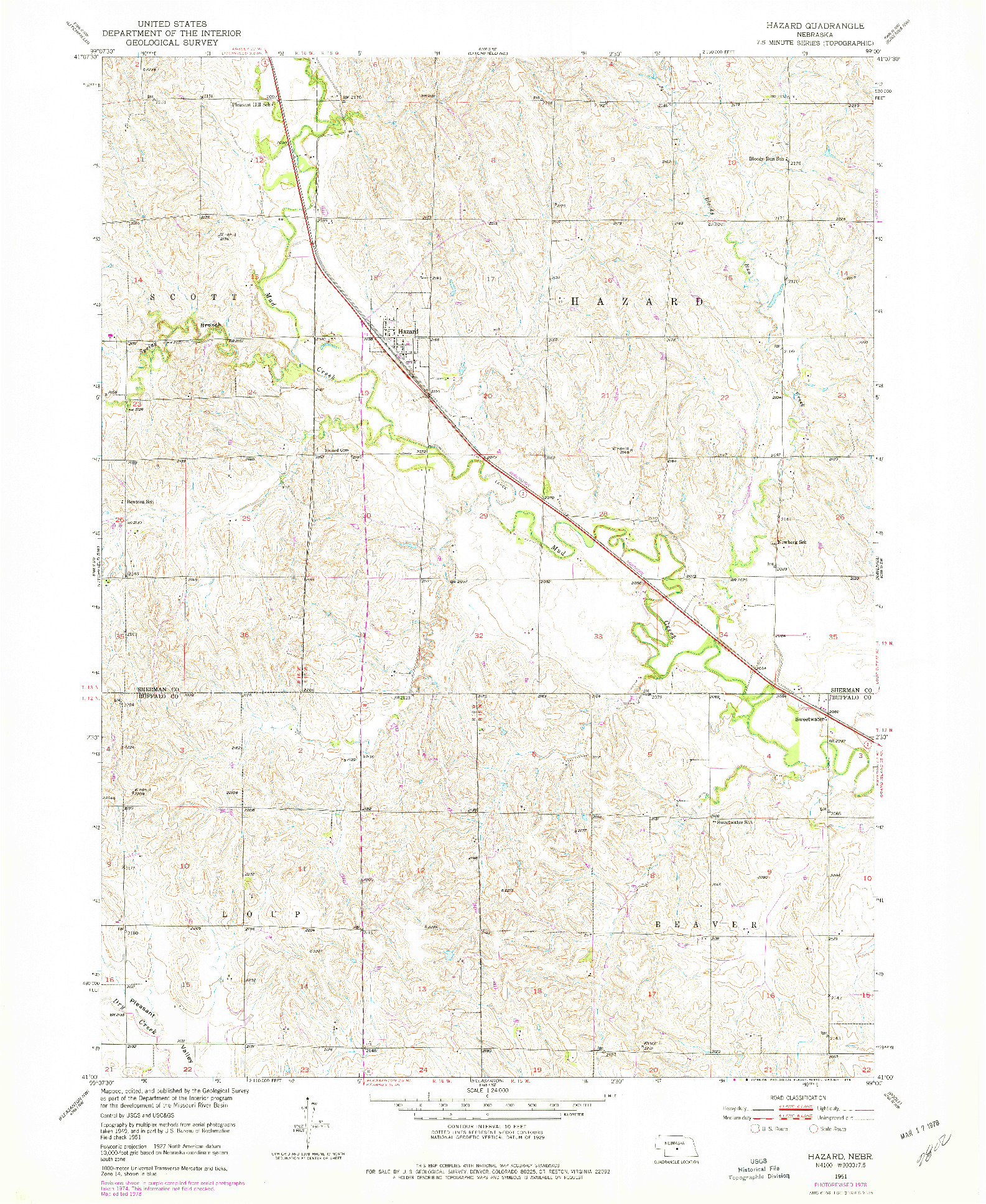 USGS 1:24000-SCALE QUADRANGLE FOR HAZARD, NE 1951