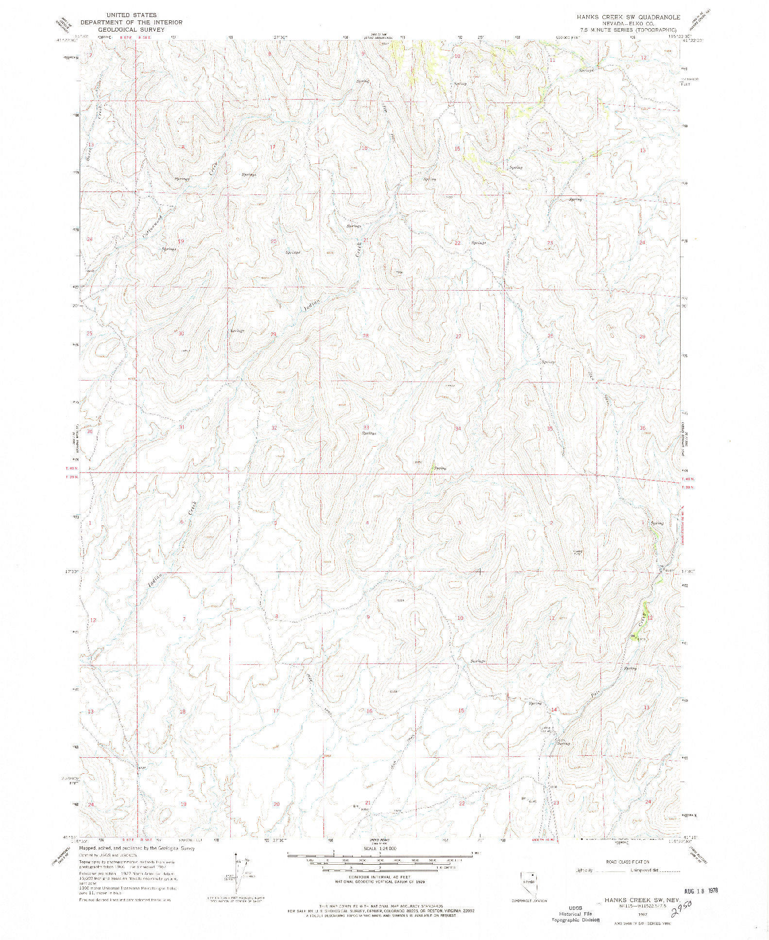 USGS 1:24000-SCALE QUADRANGLE FOR HANKS CREEK SW, NV 1967