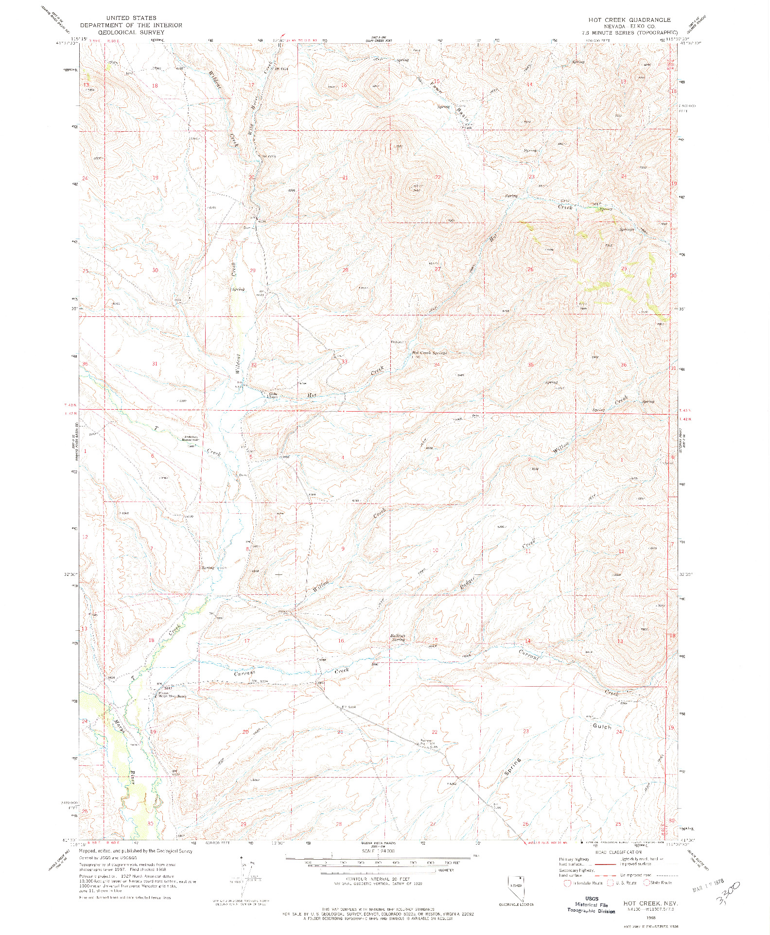 USGS 1:24000-SCALE QUADRANGLE FOR HOT CREEK, NV 1968