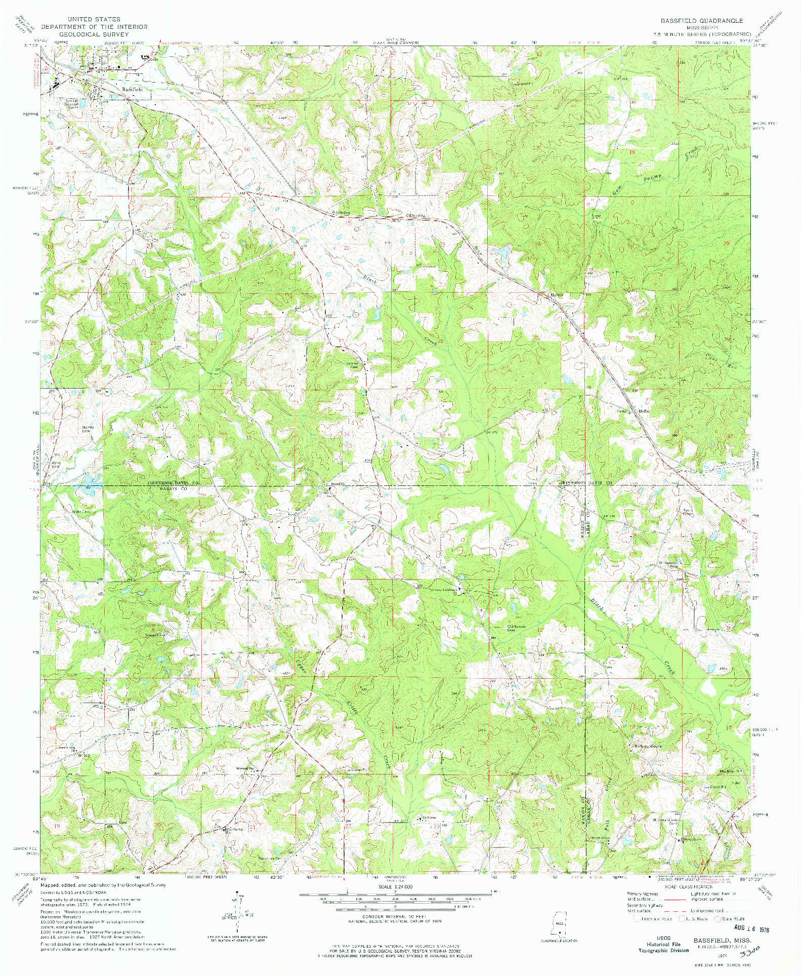 USGS 1:24000-SCALE QUADRANGLE FOR BASSFIELD, MS 1974