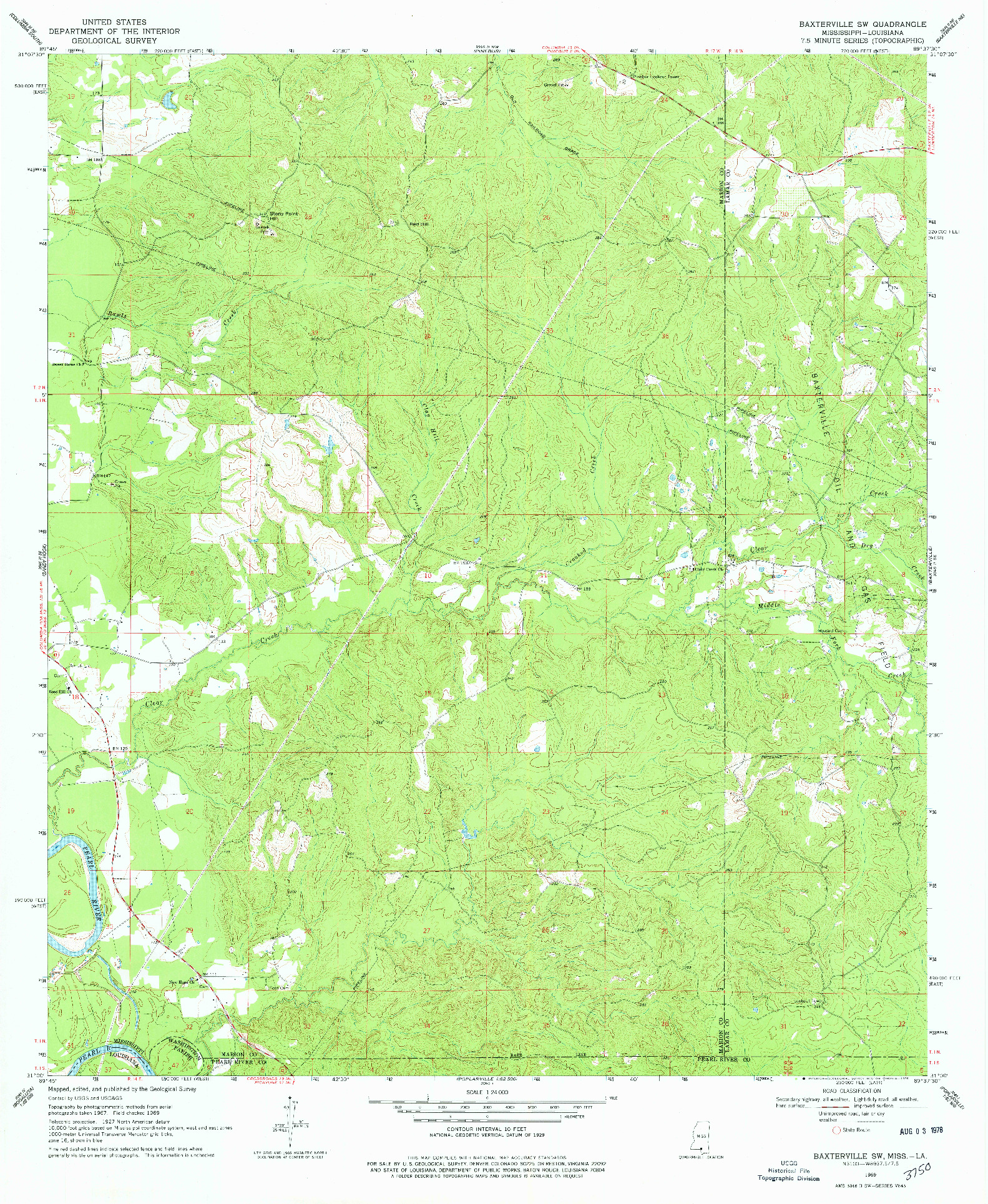 USGS 1:24000-SCALE QUADRANGLE FOR BAXTERVILLE SW, MS 1969