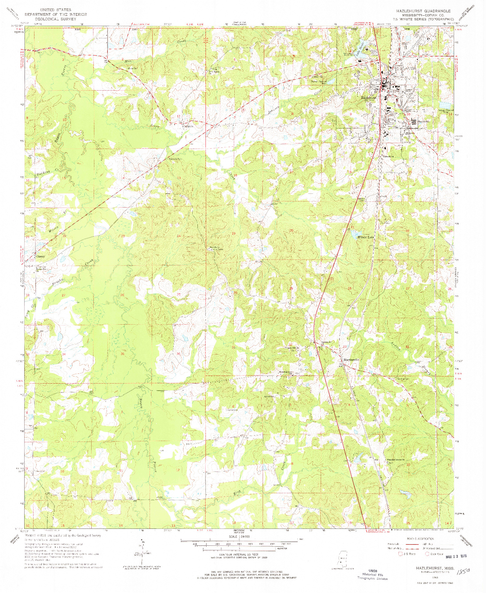 USGS 1:24000-SCALE QUADRANGLE FOR HAZLEHURST, MS 1963