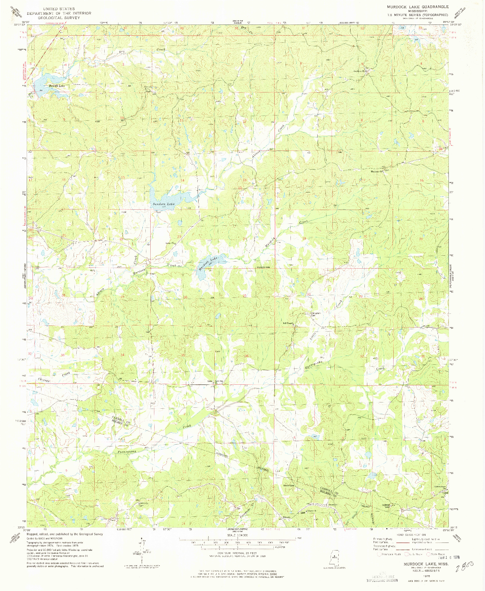 USGS 1:24000-SCALE QUADRANGLE FOR MURDOCK LAKE, MS 1975