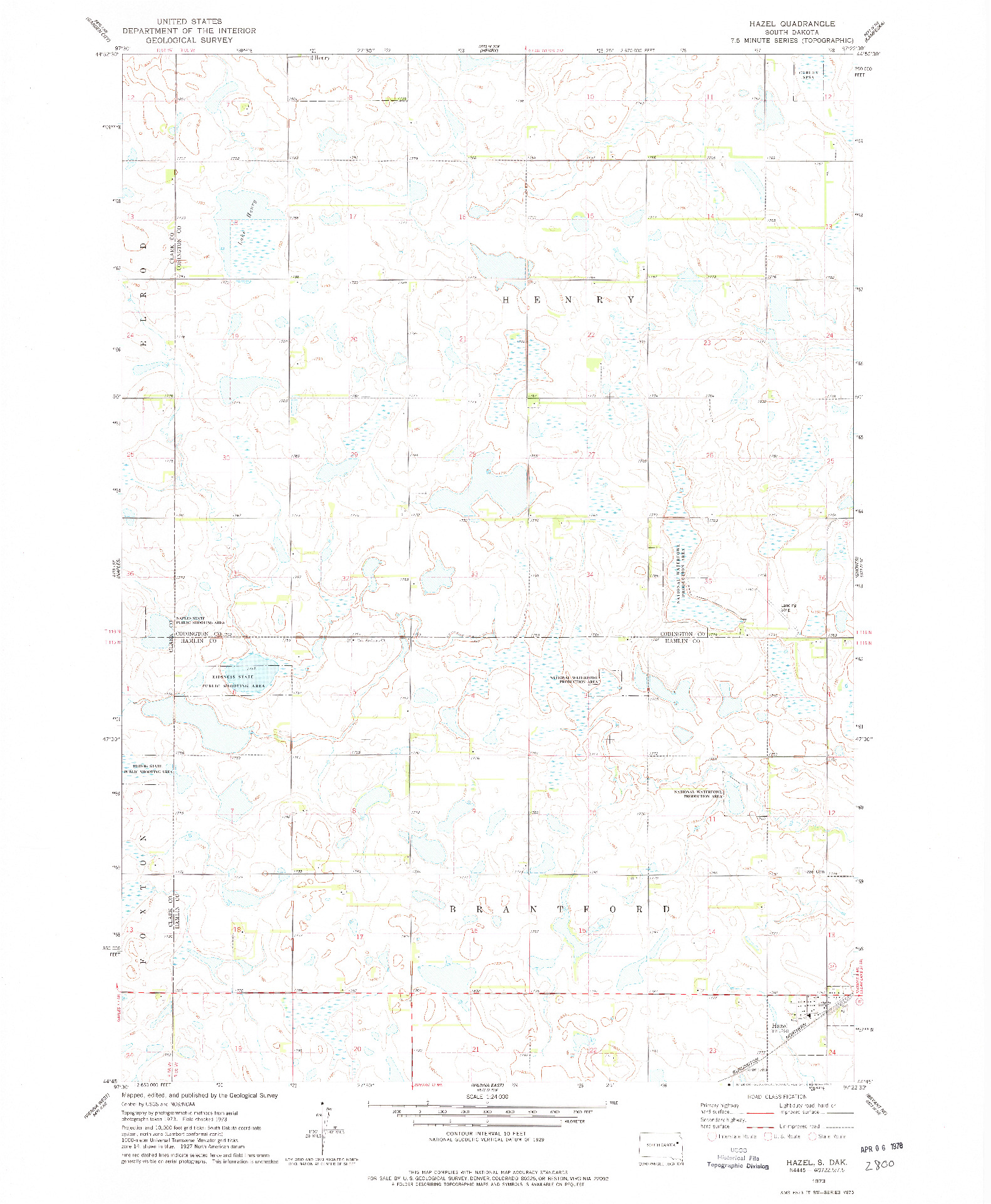 USGS 1:24000-SCALE QUADRANGLE FOR HAZEL, SD 1973