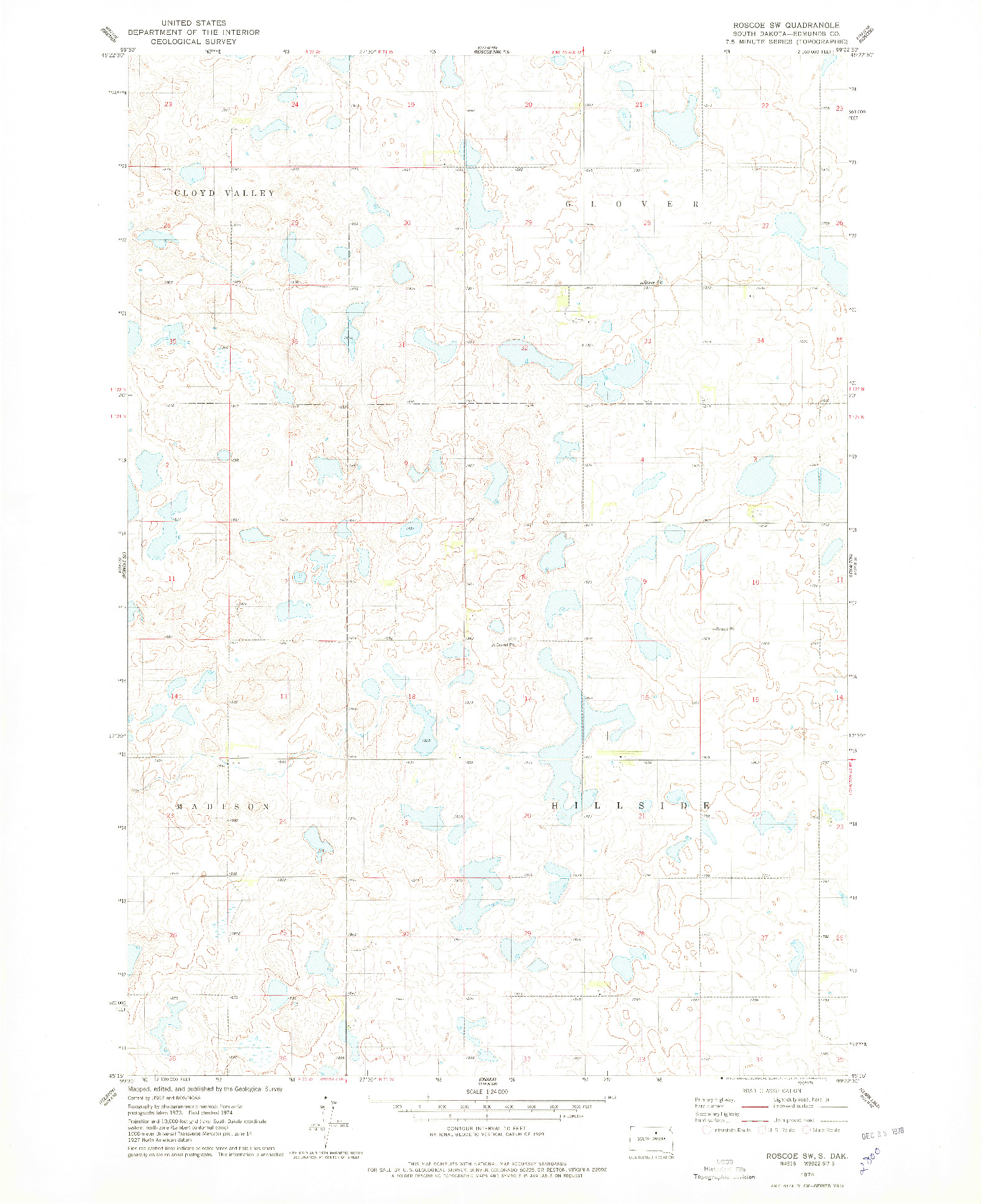 USGS 1:24000-SCALE QUADRANGLE FOR ROSCOE SW, SD 1974