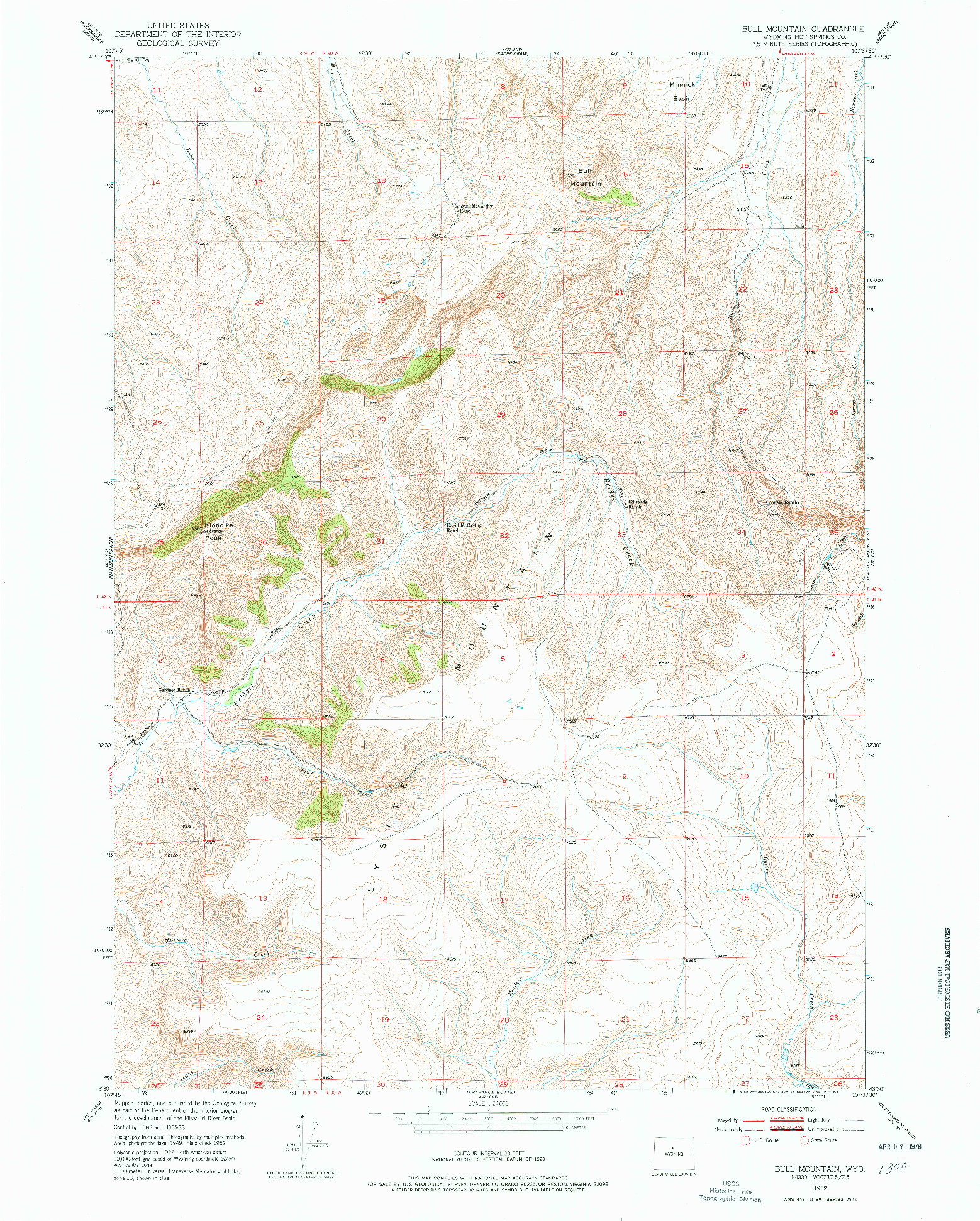 USGS 1:24000-SCALE QUADRANGLE FOR BULL MOUNTAIN, WY 1952