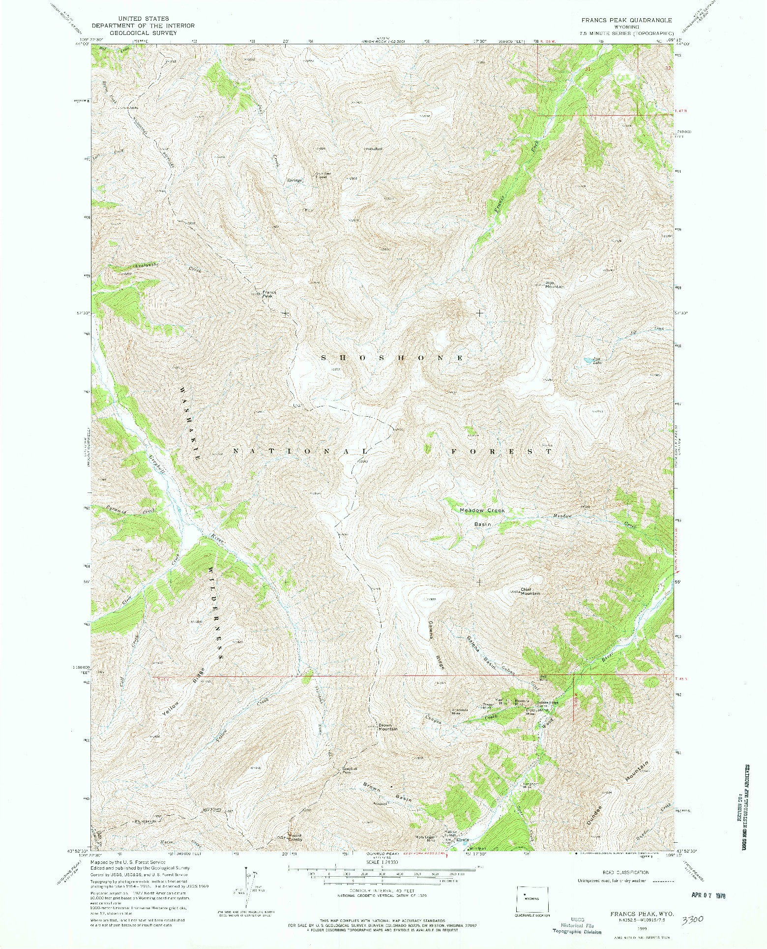 USGS 1:24000-SCALE QUADRANGLE FOR FRANCS PEAK, WY 1969