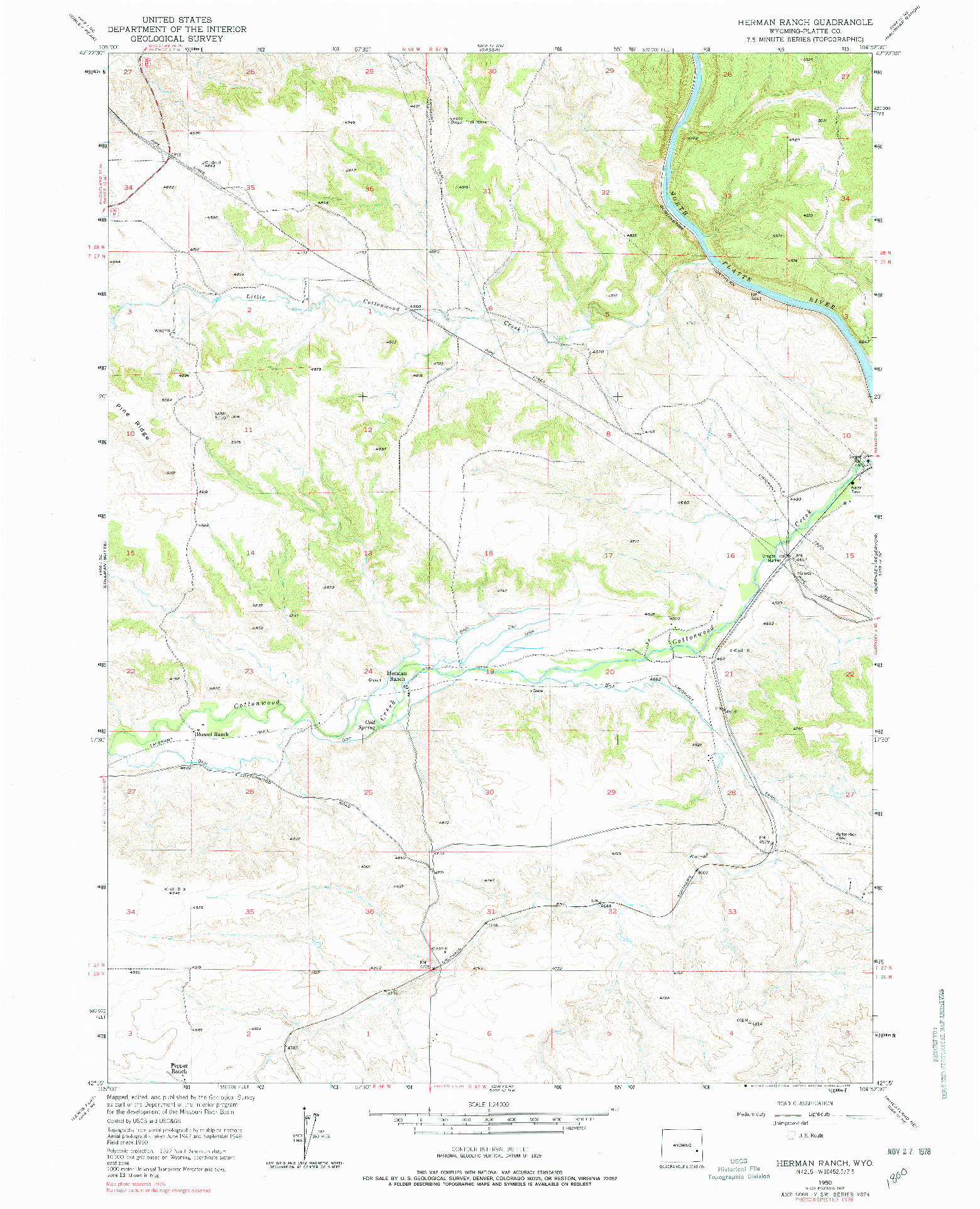 USGS 1:24000-SCALE QUADRANGLE FOR HERMAN RANCH, WY 1950