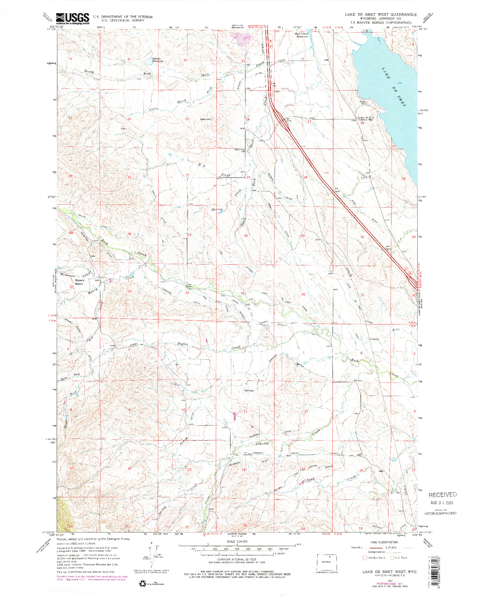 USGS 1:24000-SCALE QUADRANGLE FOR LAKE DE SMET WEST, WY 1967