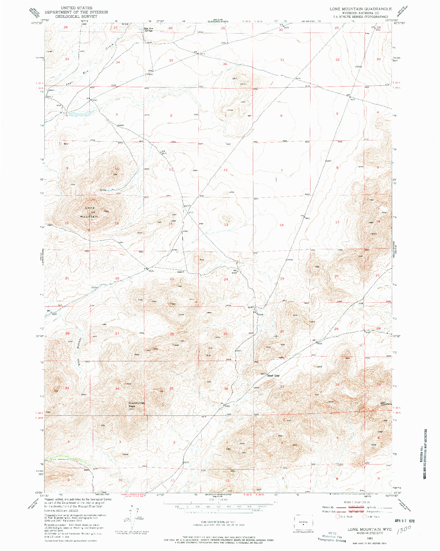 USGS 1:24000-SCALE QUADRANGLE FOR LONE MOUNTAIN, WY 1951