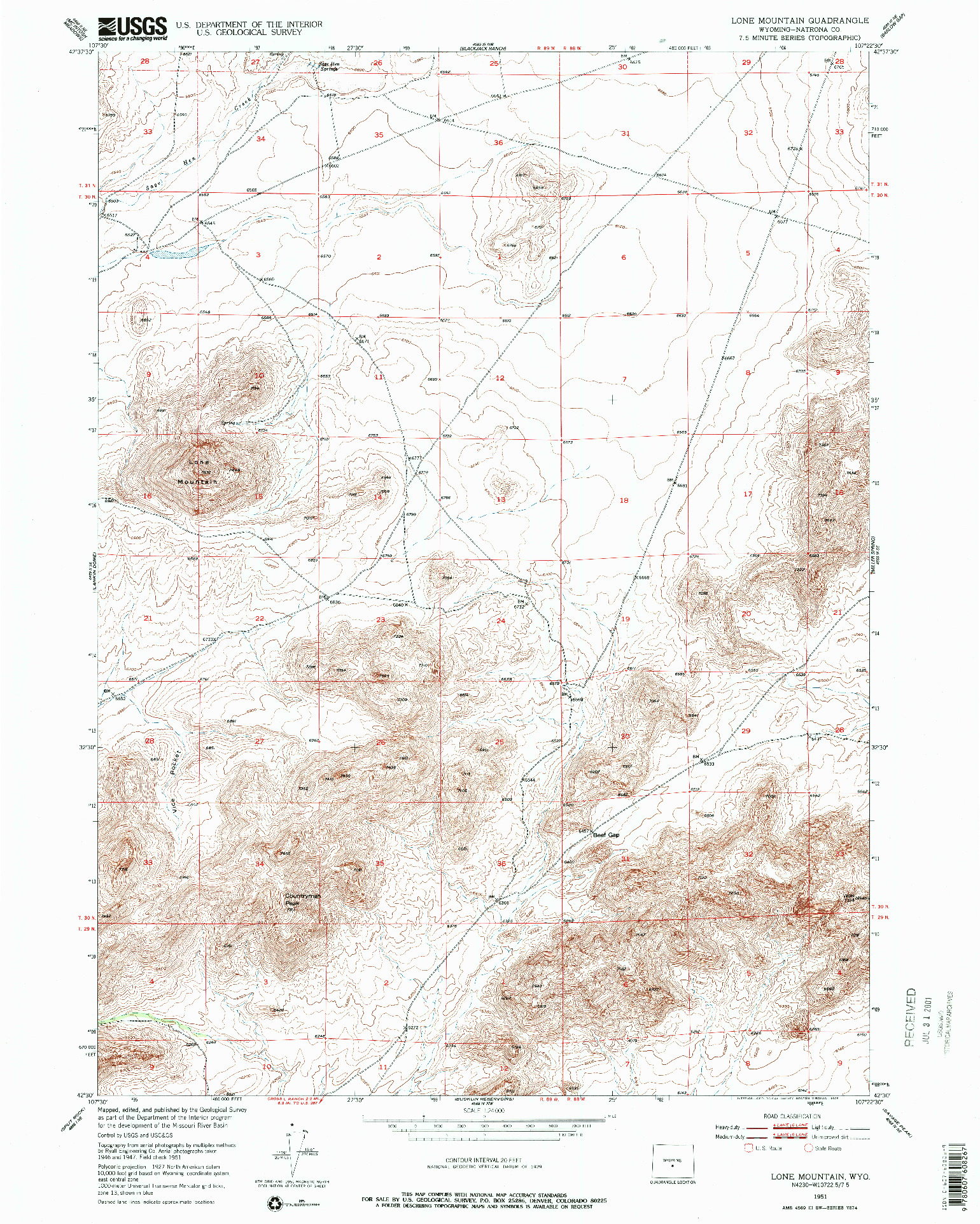 USGS 1:24000-SCALE QUADRANGLE FOR LONE MOUNTAIN, WY 1951