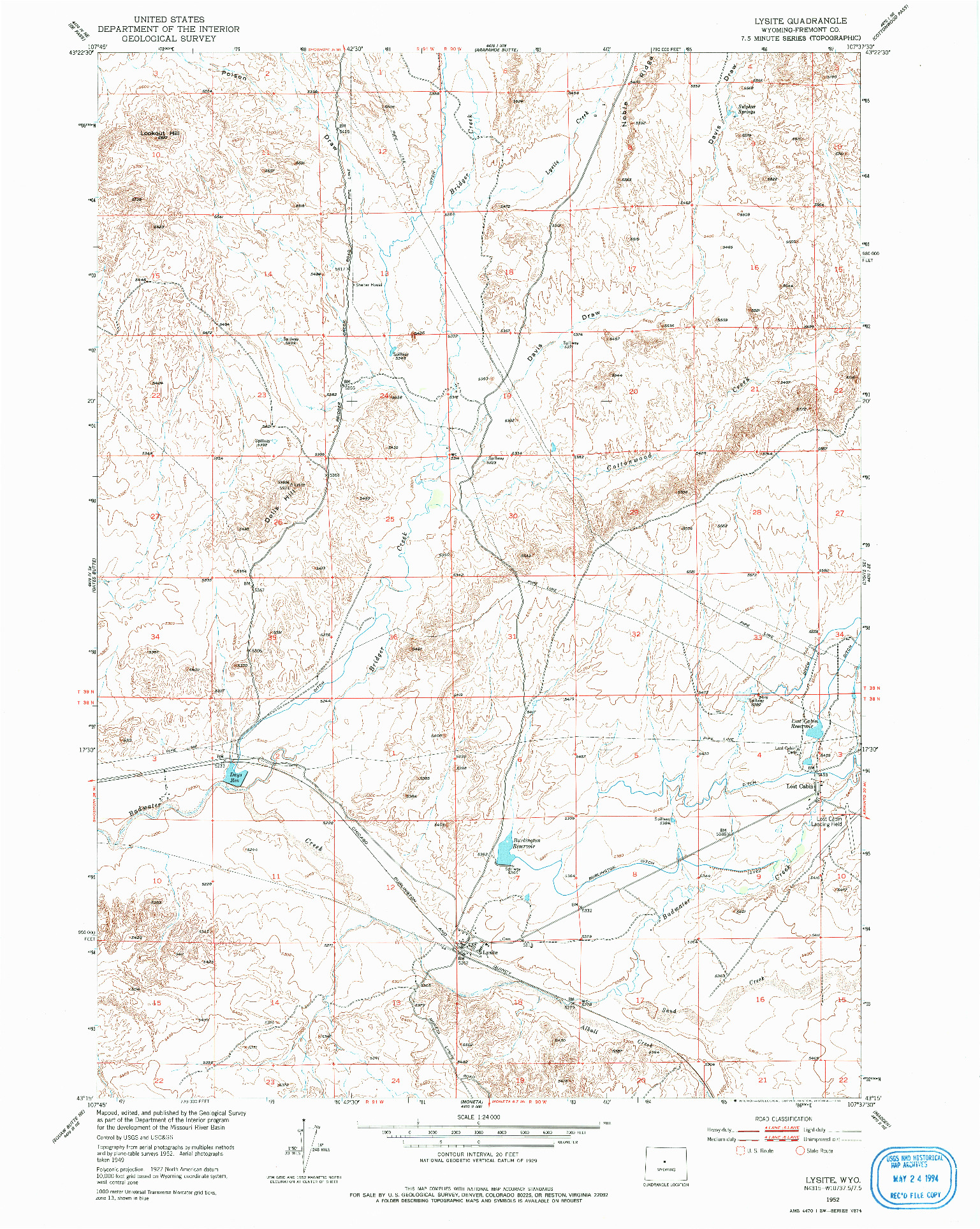 USGS 1:24000-SCALE QUADRANGLE FOR LYSITE, WY 1952