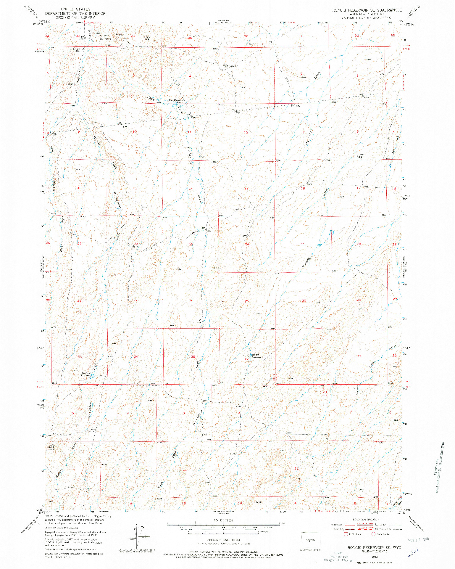 USGS 1:24000-SCALE QUADRANGLE FOR RONGIS RESERVOIR SE, WY 1952