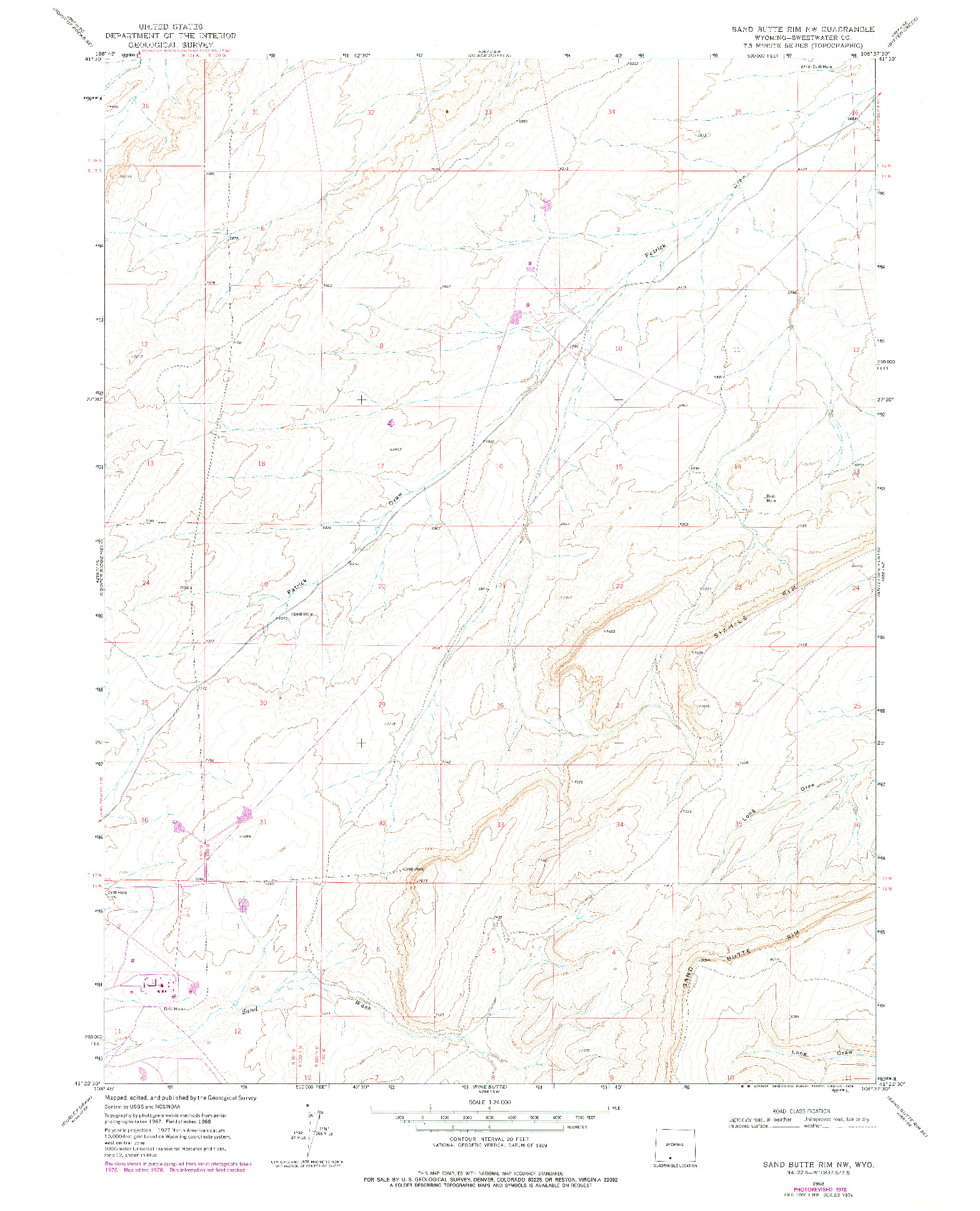 USGS 1:24000-SCALE QUADRANGLE FOR SAND BUTTE RIM NW, WY 1968